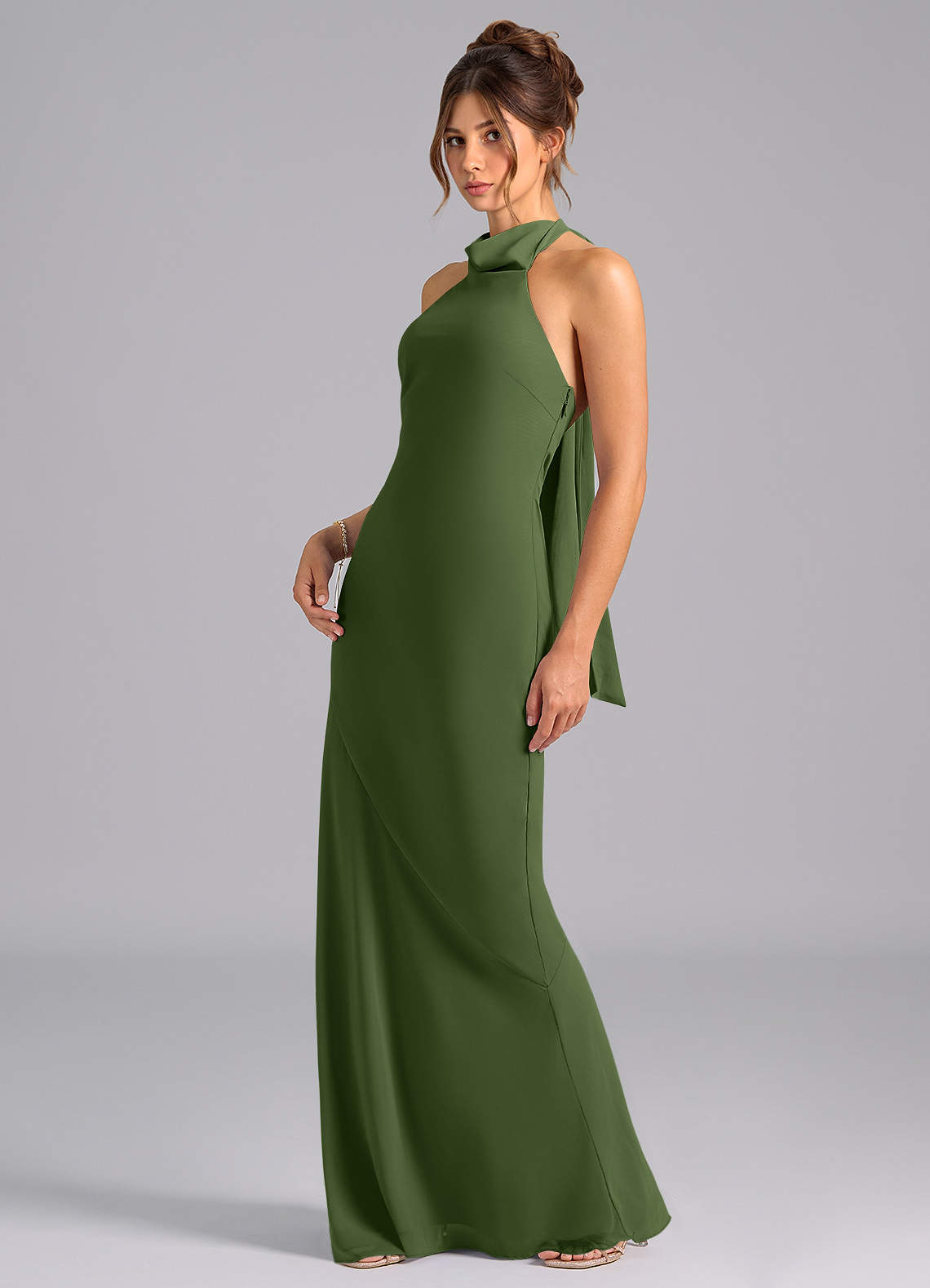 Velli Mermaid Halter Chiffon Bridesmaid Dress in Olive