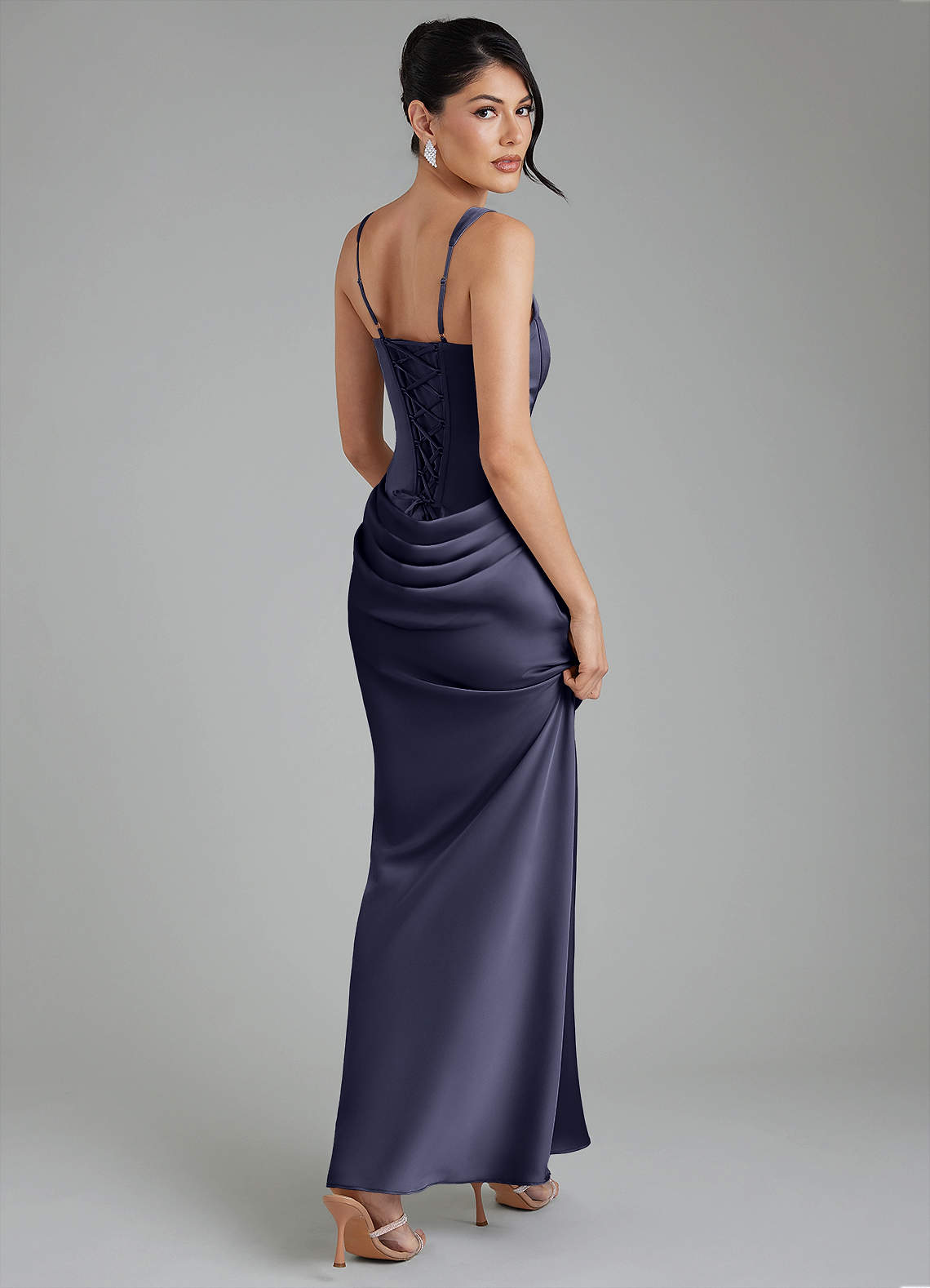 Etta Mermaid Square-Neck Stretch Satin Bridesmaid Dress in Stormy