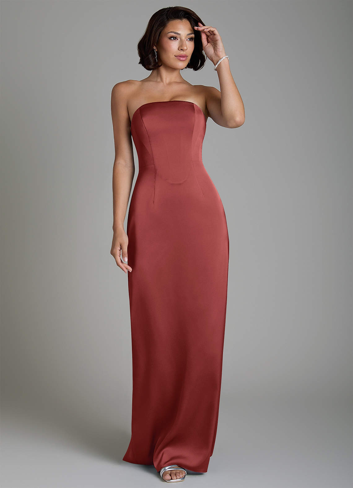 Fallyn Sheath Strapless Stretch Satin Bridesmaid Dress in Terracotta