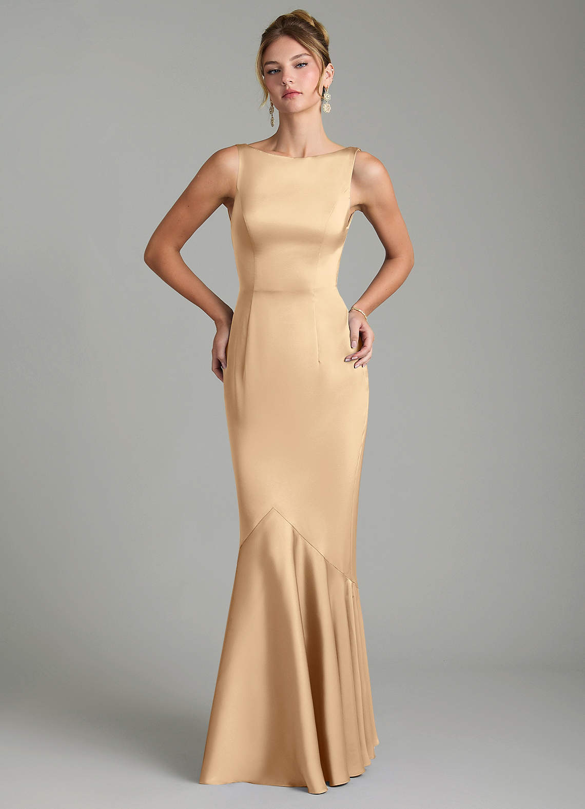 Tamera Mermaid Boat-Neck Stretch Satin and Chiffon Bridesmaid Dress in Champagne