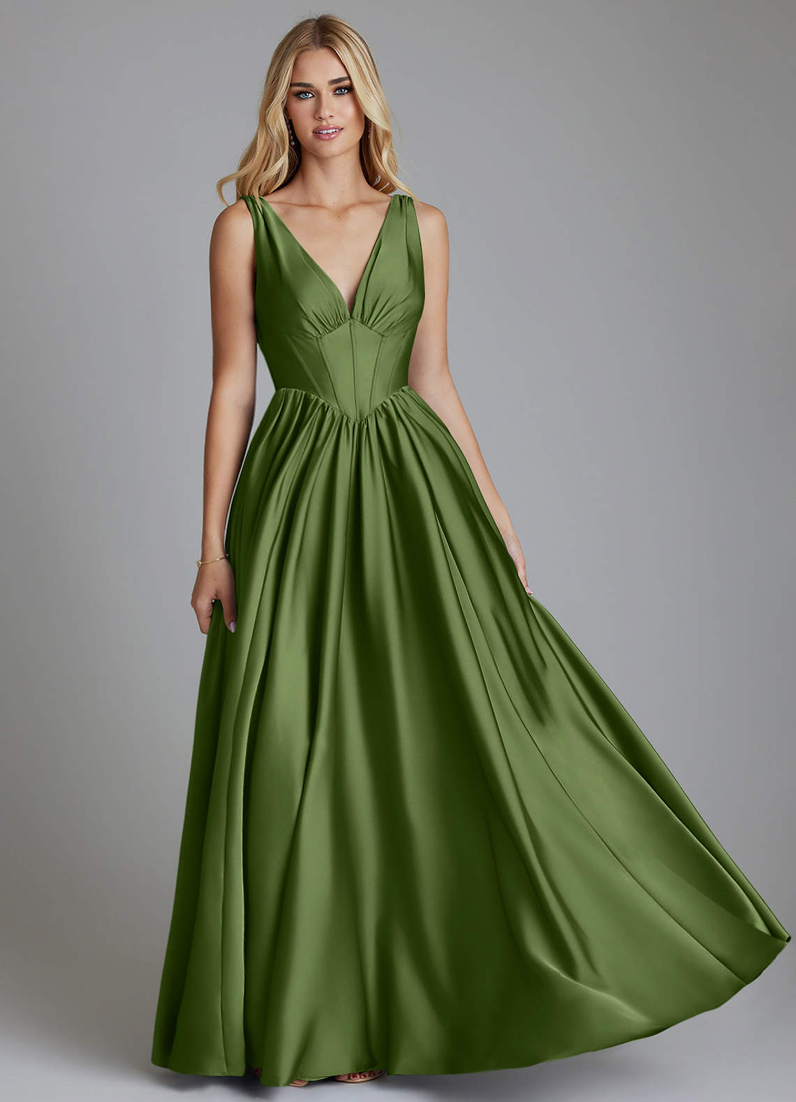Delmie A-Line V-Neck Stretch Satin Bridesmaid Dress in Juniper