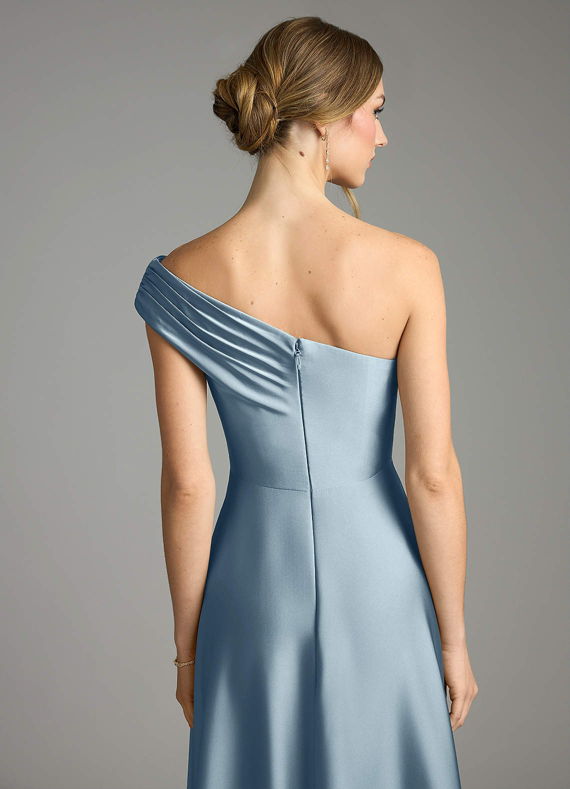 Melanie A-Line One-Shoulder Stretch Satin Bridesmaid Dress in dusty blue