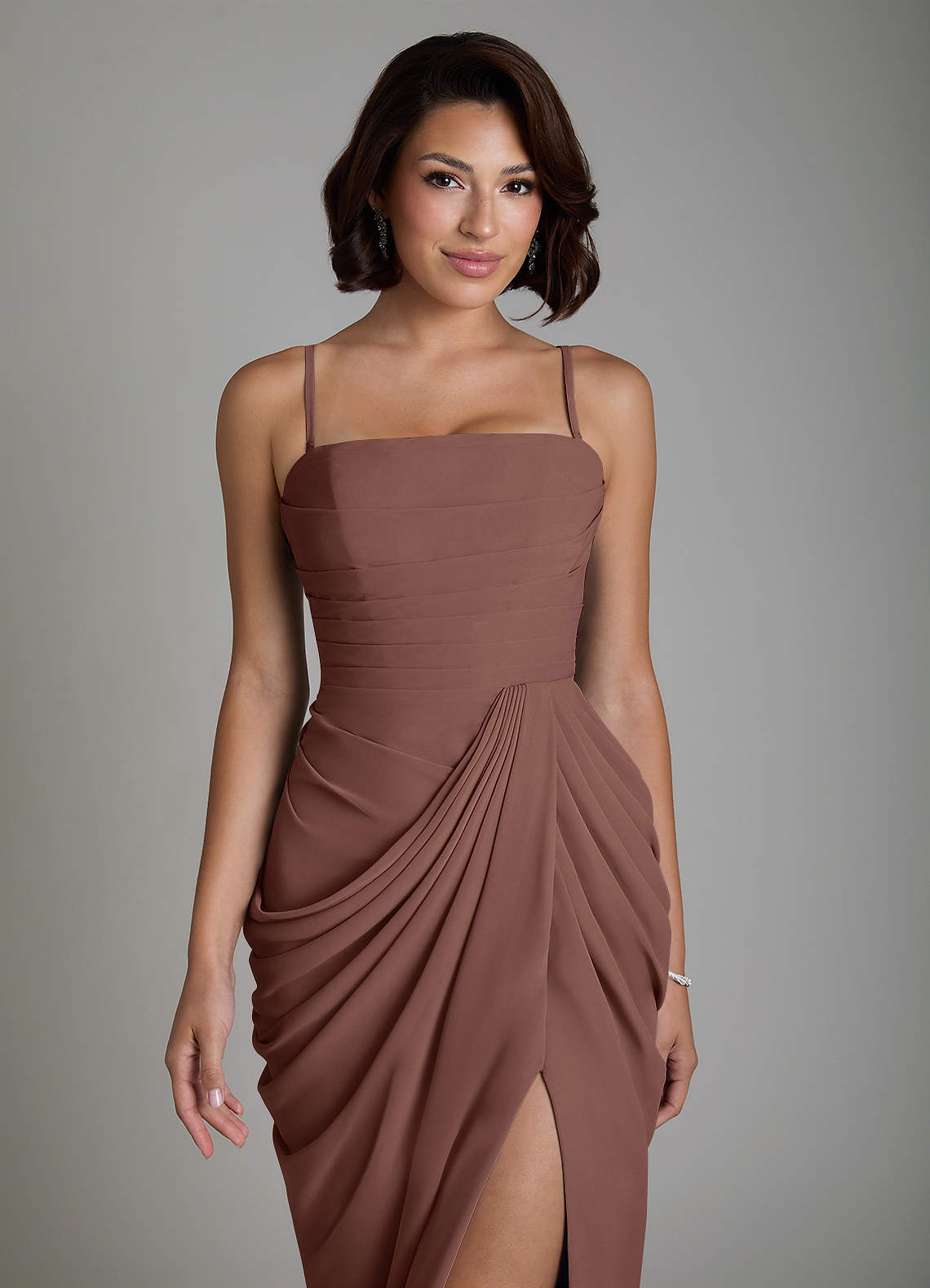 Nyra Sheath Strapless Chiffon Bridesmaid Dress in Espresso