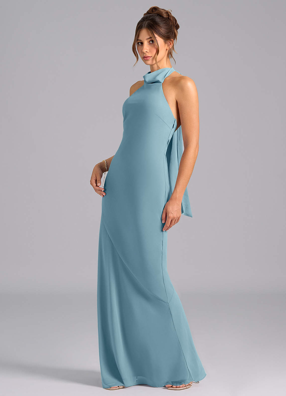 Velli Mermaid Halter Chiffon Bridesmaid Dress in Moody Blue