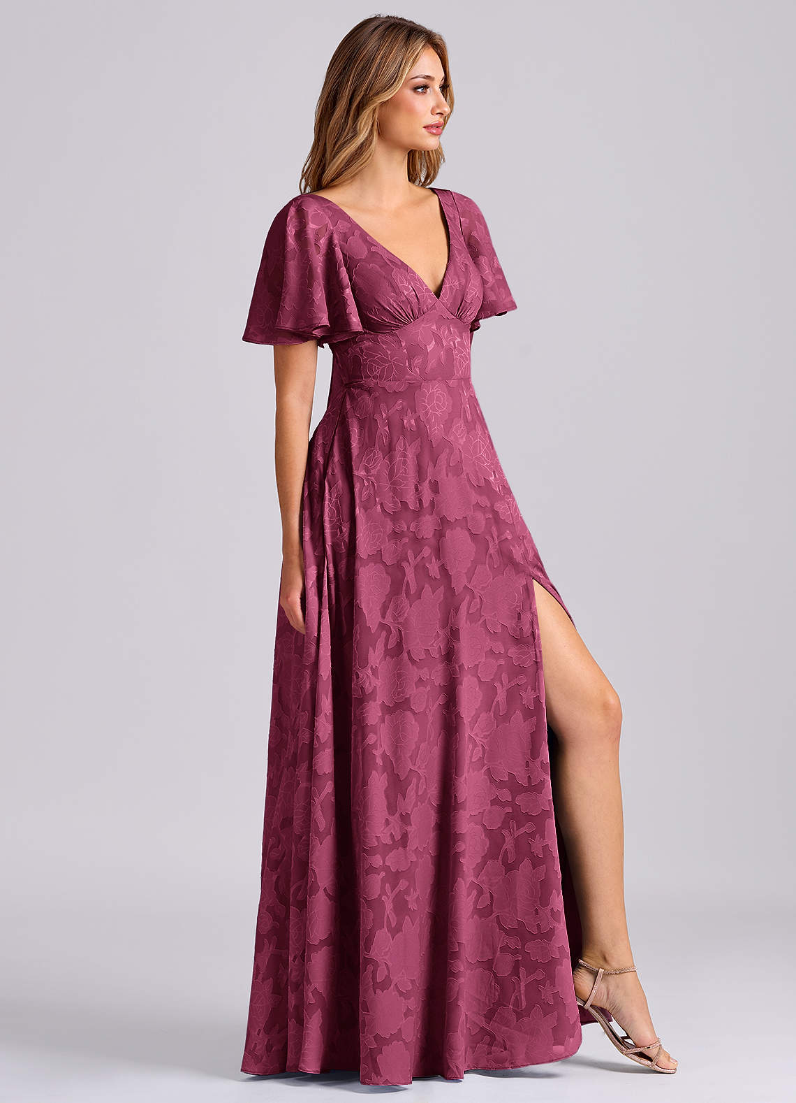 Kimber A-Line V-Neck Floral Burnout Bridesmaid Dress in Mulberry