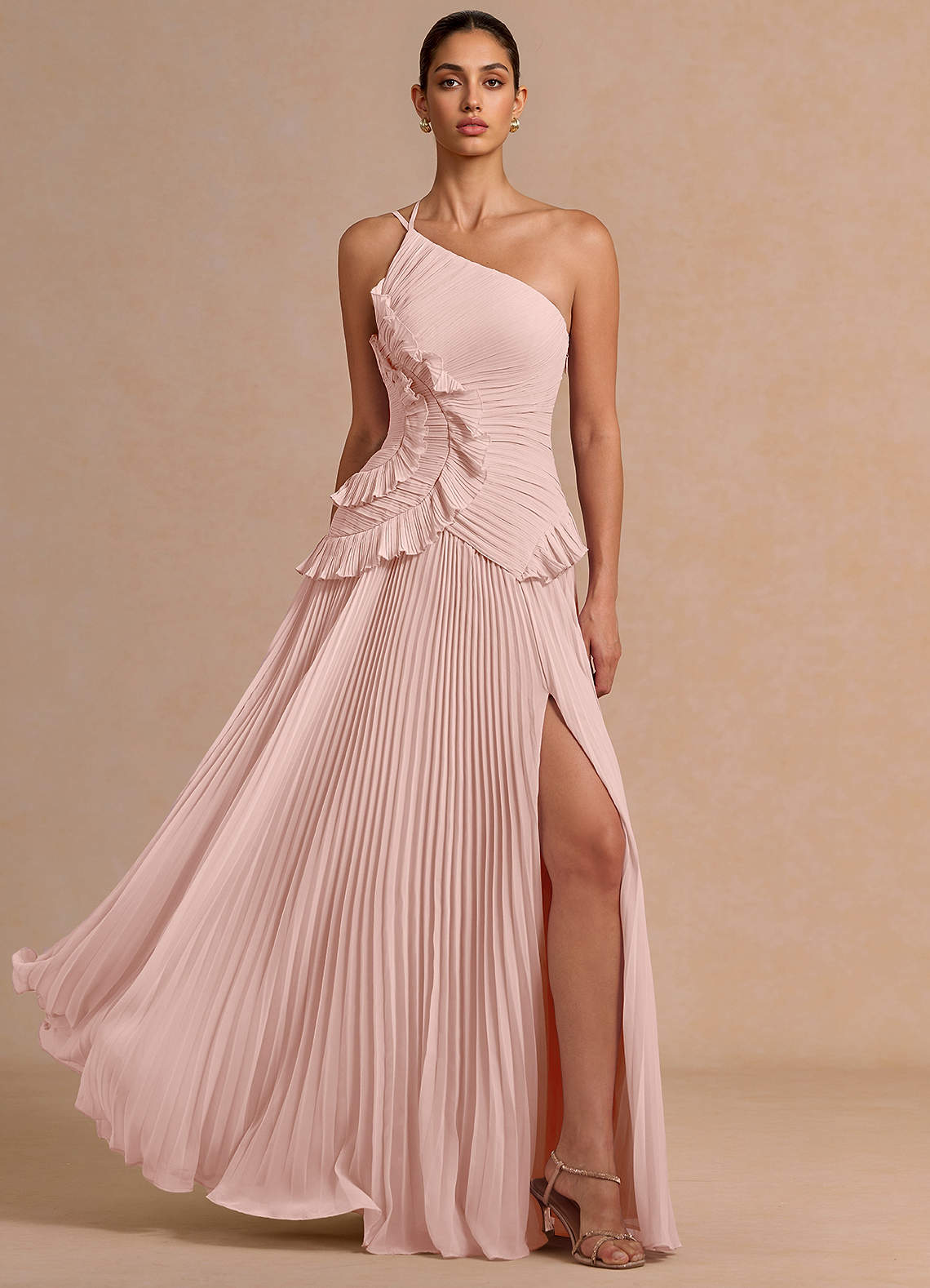 Melody A-Line One-Shoulder Chiffon Evening Dress in Haze Pink