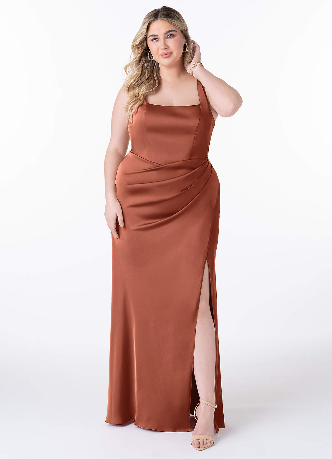 Mero Mermaid Square-Neck Stretch Satin Bridesmaid Dress in Clay