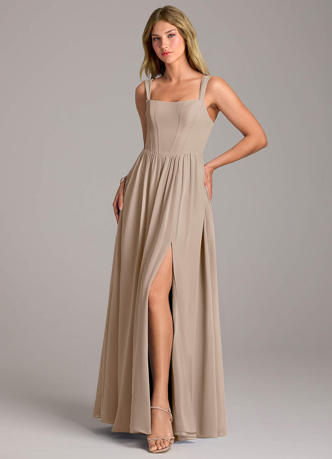 Rosaline A-Line Square-Neck Chiffon Bridesmaid Dress in Taupe