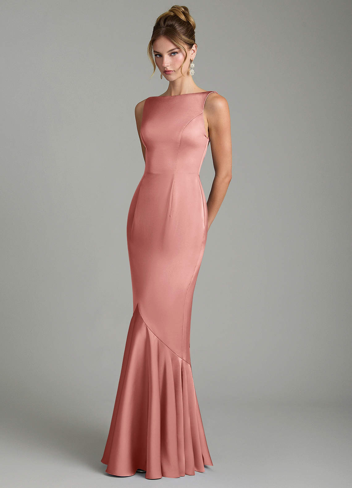 Tamera Mermaid Boat-Neck Stretch Satin and Chiffon Bridesmaid Dress in Rosette