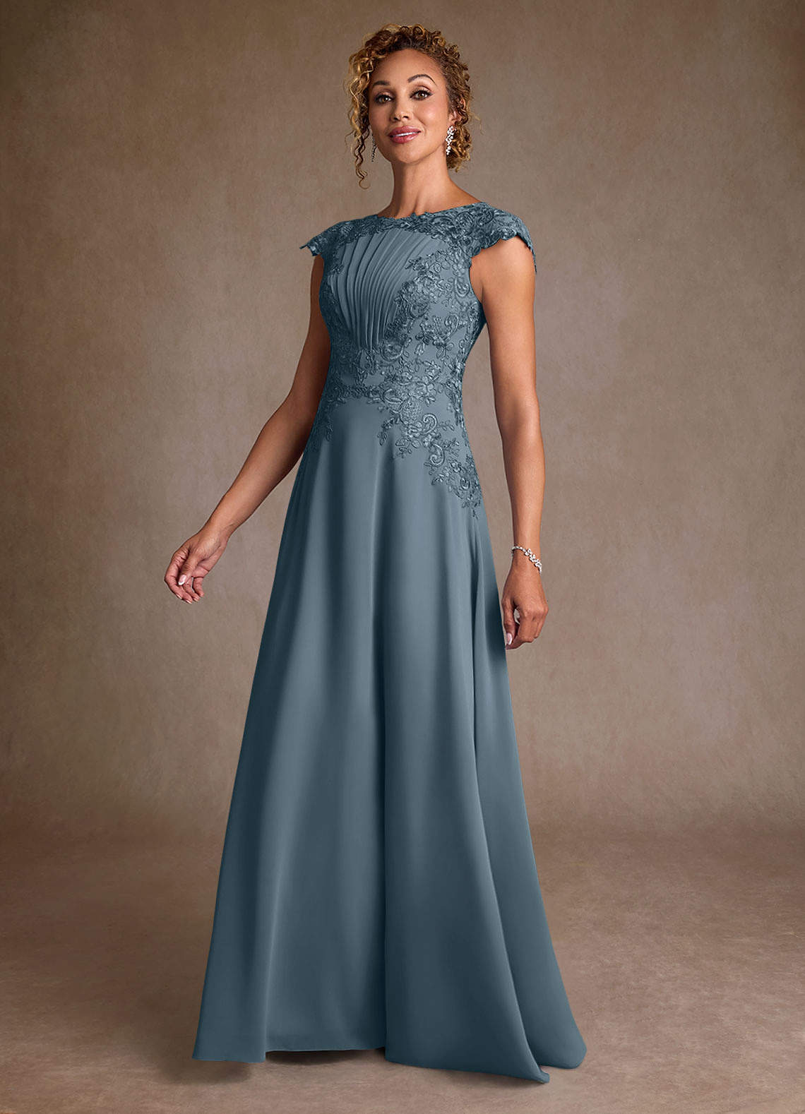 Christi A-Line Scoop-Neck Chiffon and Lace Mother of the Bride Dress in Twilight