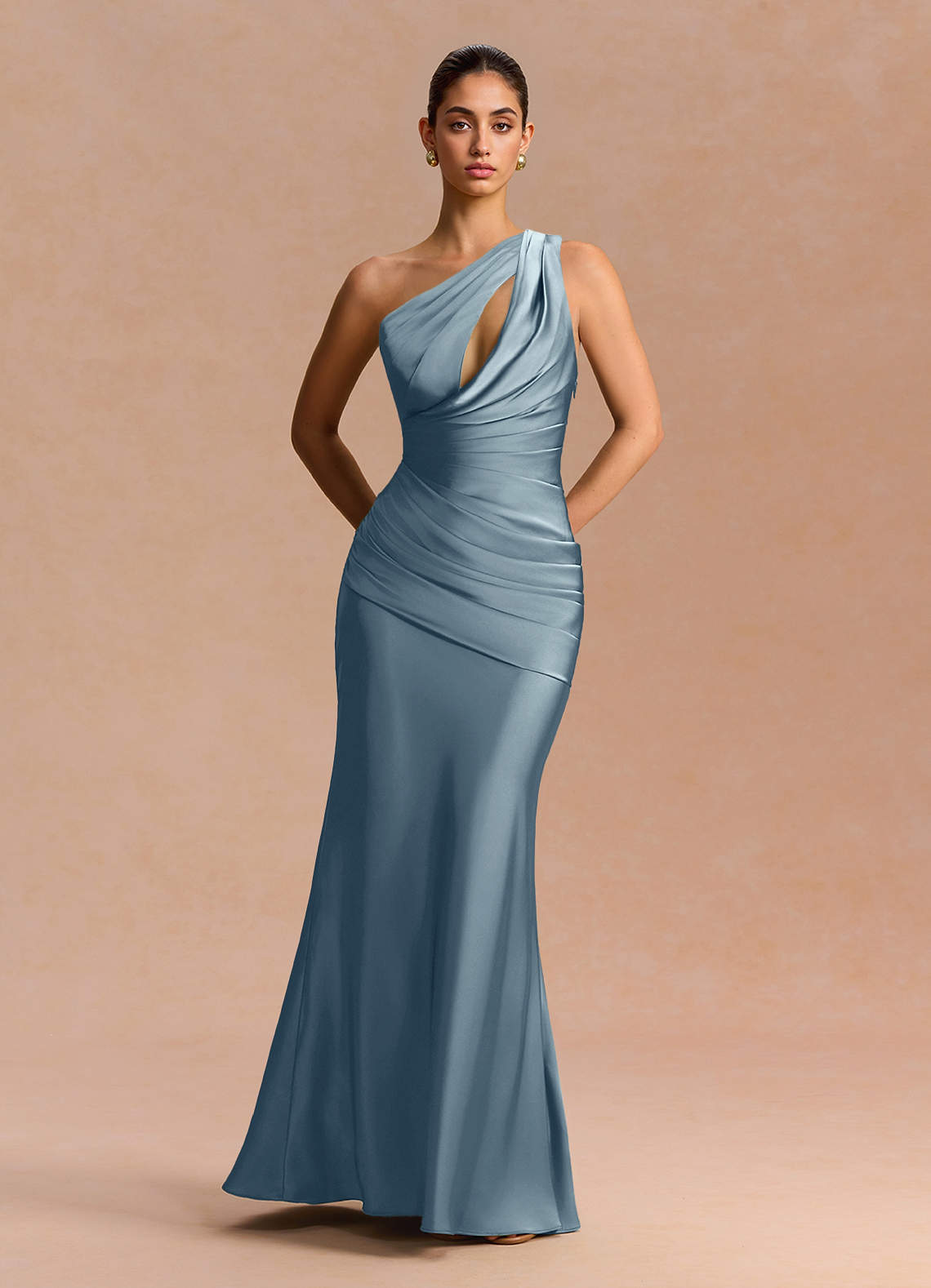Guinevere One-Shoulder Cutout Stretch Satin Evening Dress in Dusty Blue