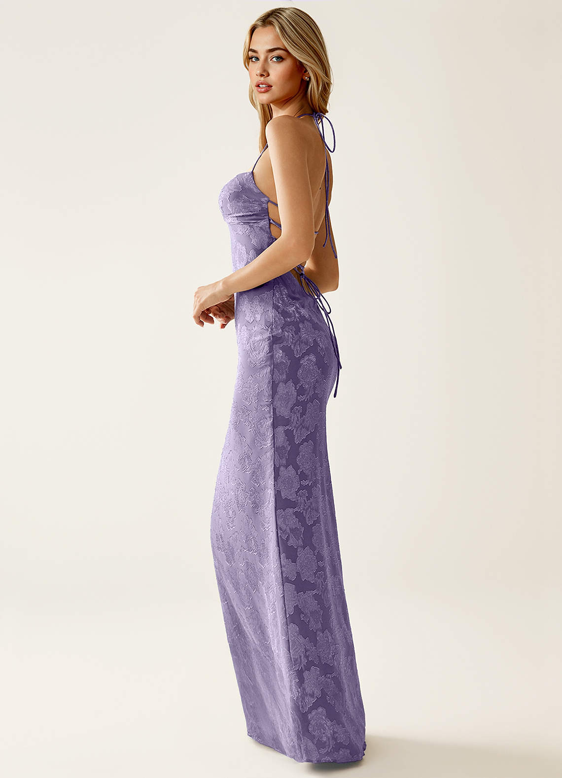 Angena Sheath Halter Floral Burnout Evening Dress in Lilac
