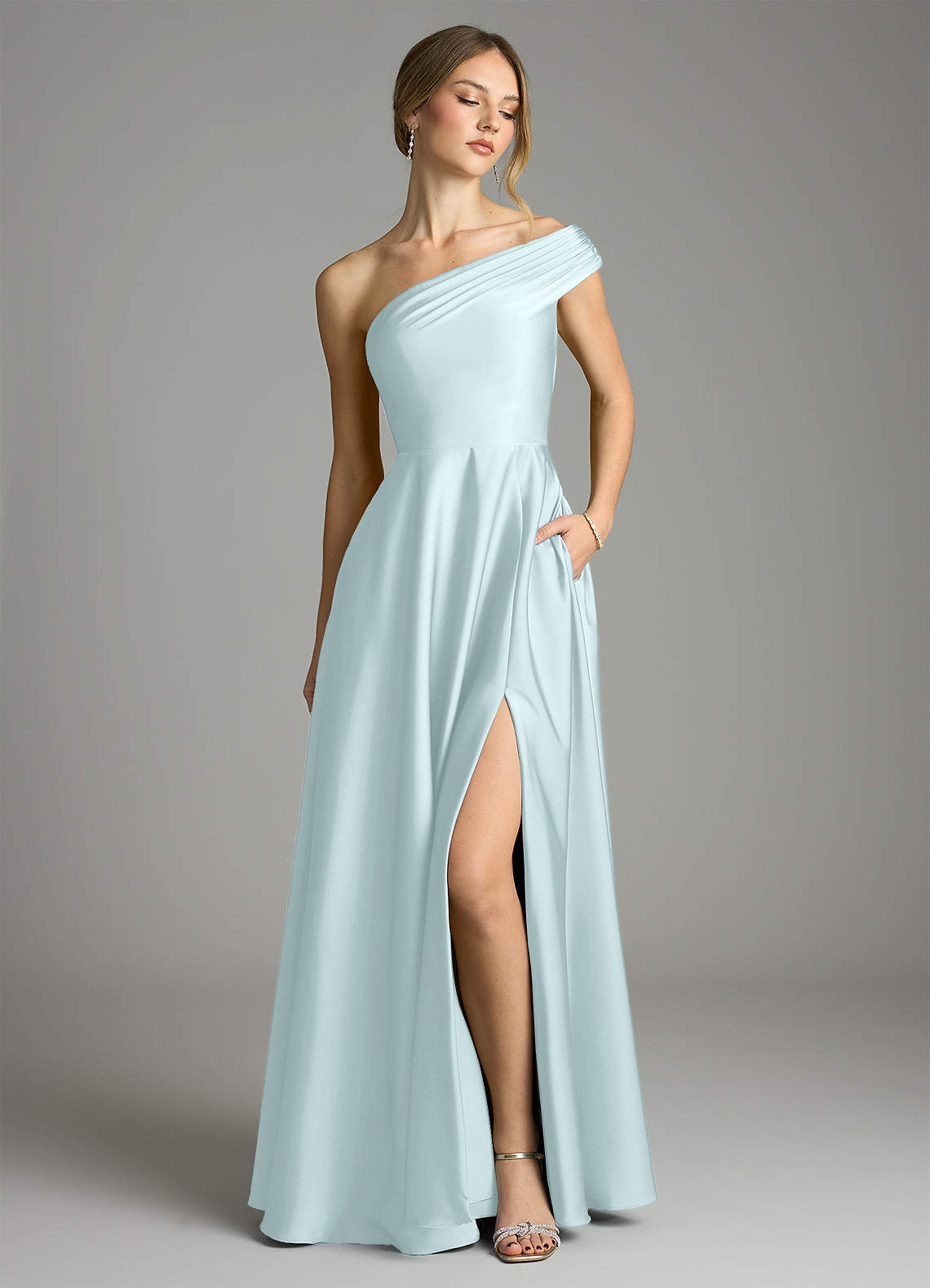 Melanie A-Line One-Shoulder Stretch Satin Bridesmaid Dress in Sea Glass