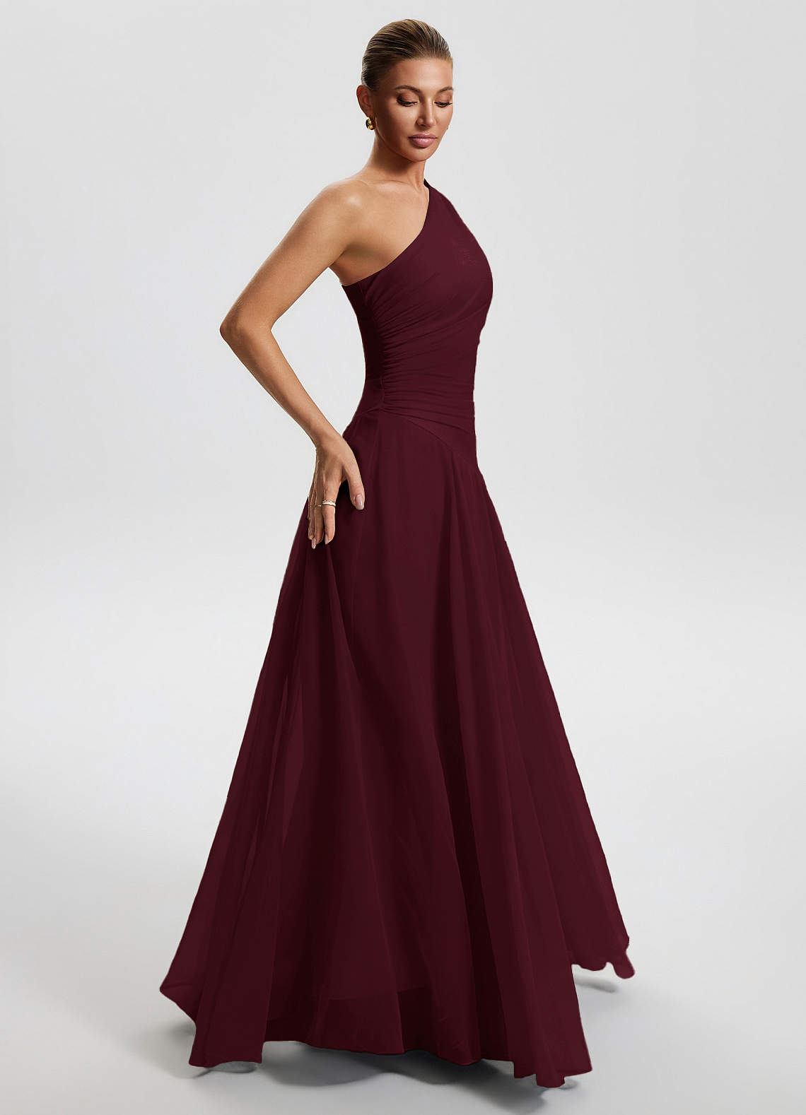 Sylvaine A-Line One-Shoulder Chiffon Wedding Guest Dress in Wine