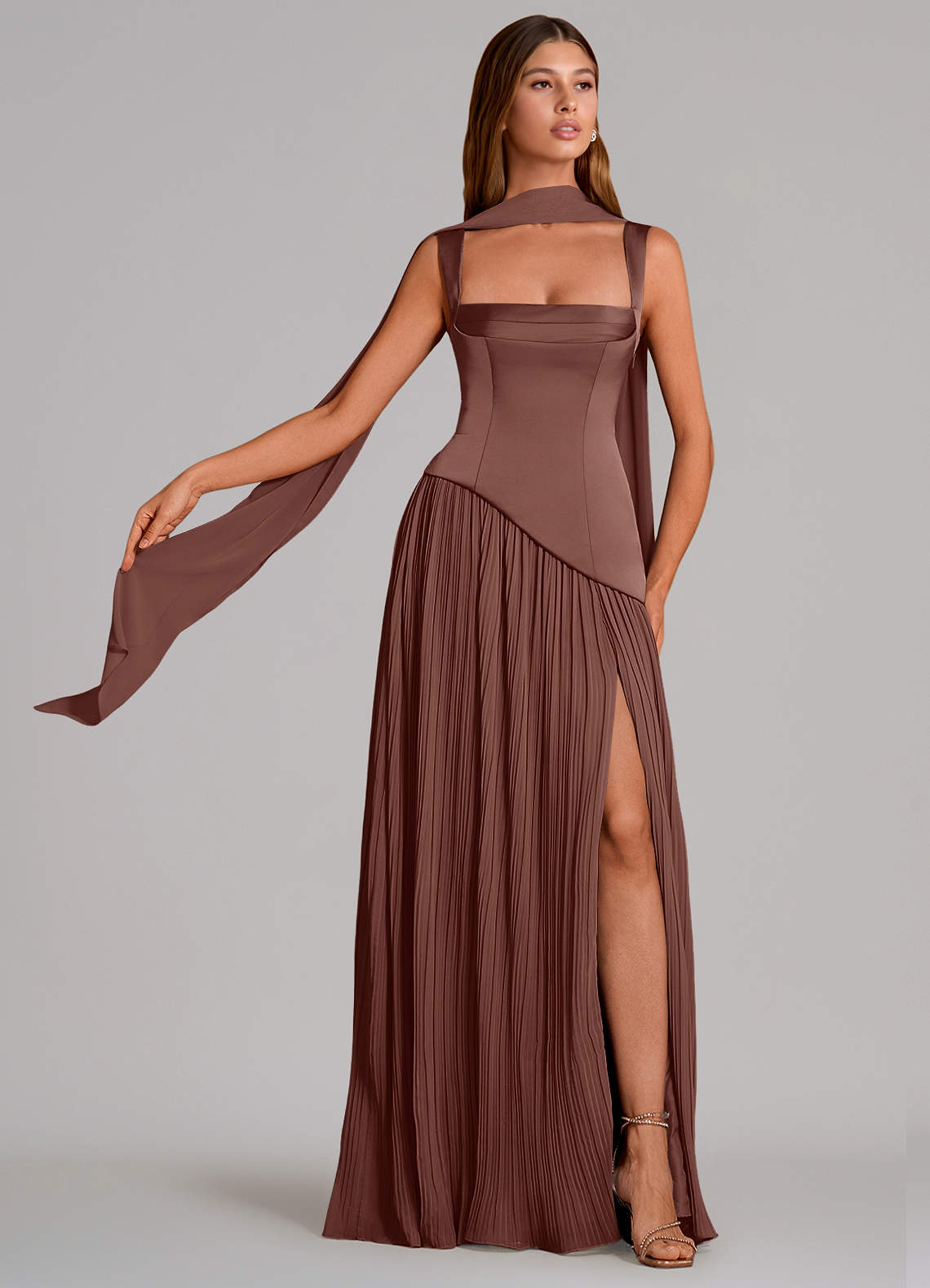 Stephanie A-Line Square-Neck Stretch Satin and Chiffon Bridesmaid Dress in Espresso