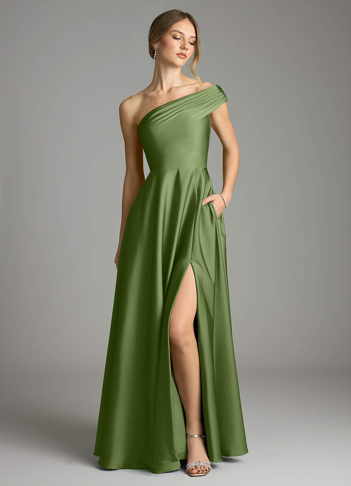 Melanie A-Line One-Shoulder Stretch Satin Bridesmaid Dress in Juniper