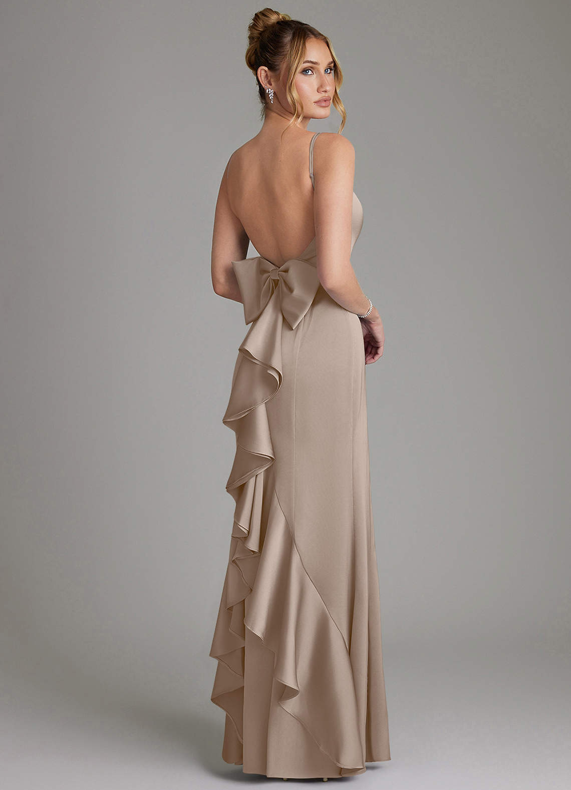 Zherra Mermaid Scoop-Neck Stretch Satin Bridesmaid Dress in Taupe