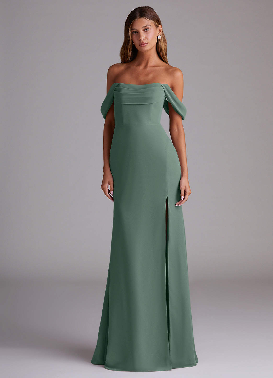 Saige A-Line Off-the-Shoulder Chiffon Bridesmaid Dress in Eucalyptus