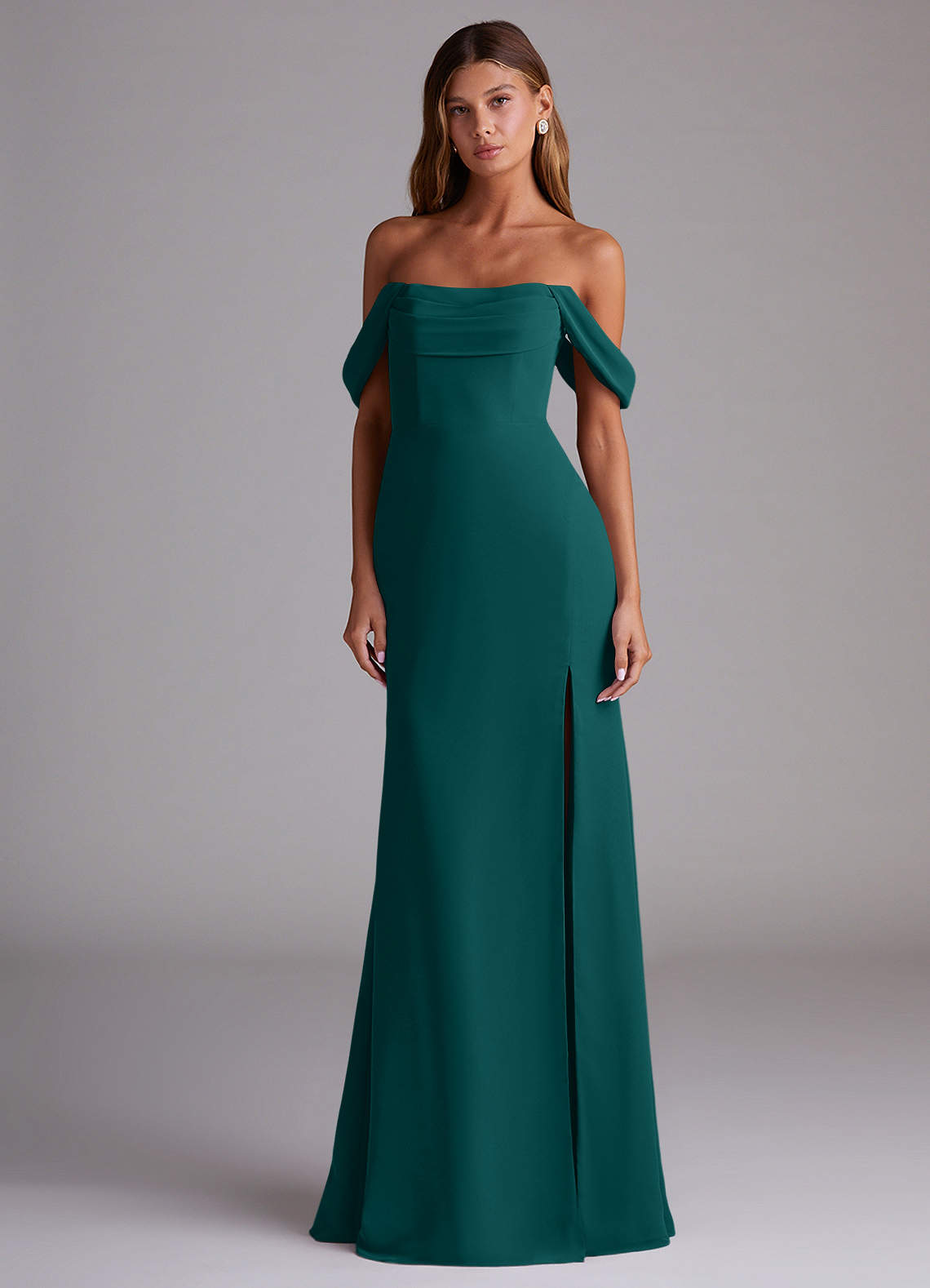 Saige A-Line Off-the-Shoulder Chiffon Bridesmaid Dress in Peacock