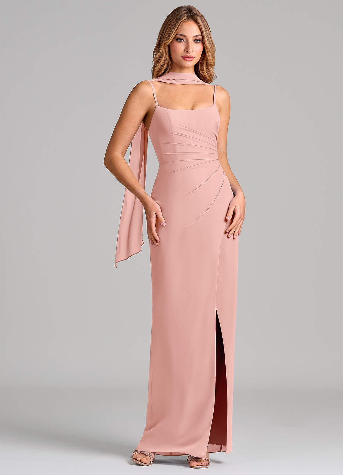Calandra Sheath Scoop-Neck Chiffon Bridesmaid Dress in Rosette