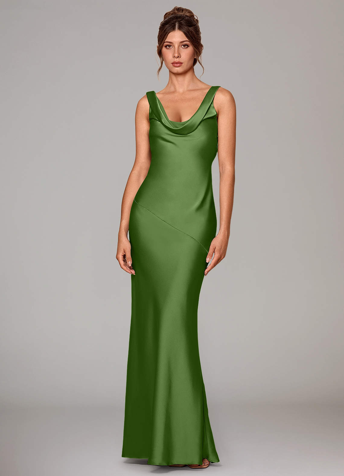 Rylina Mermaid Cowl-Neck Stretch Satin Bridesmaid Dress in Basil