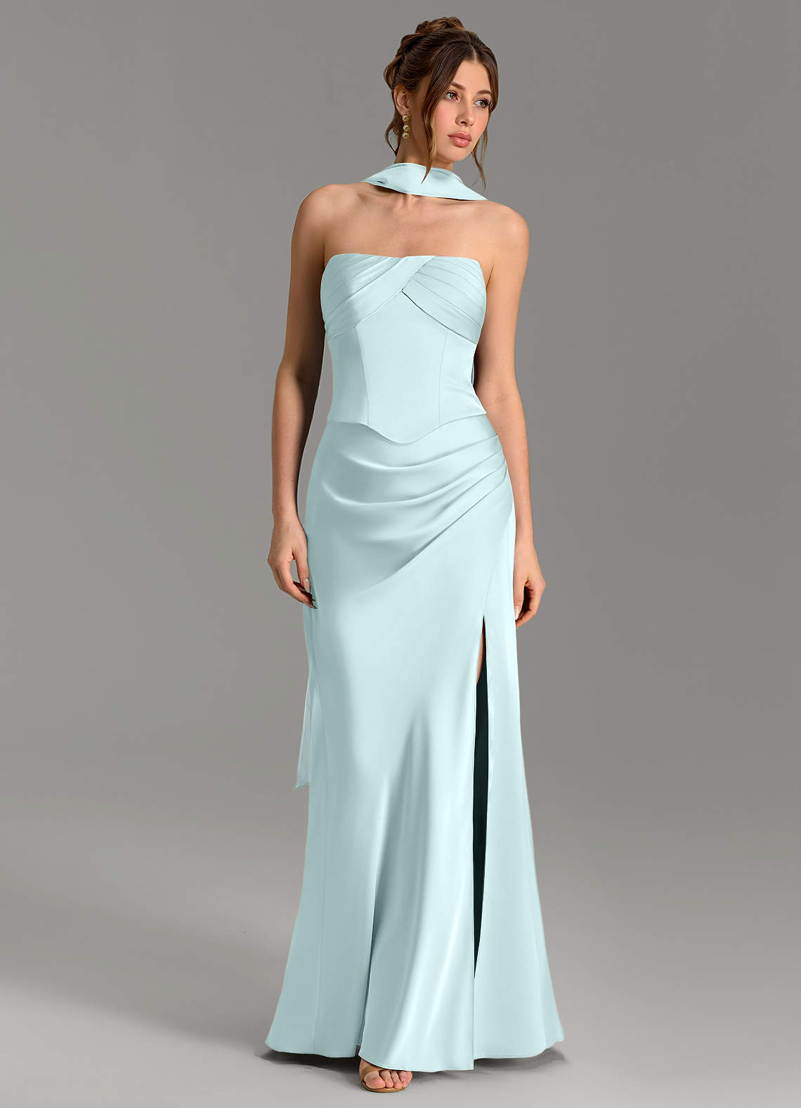 Nicki Sheath Scoop-Neck Stretch Satin Bridesmaid Dress in Sea Glass