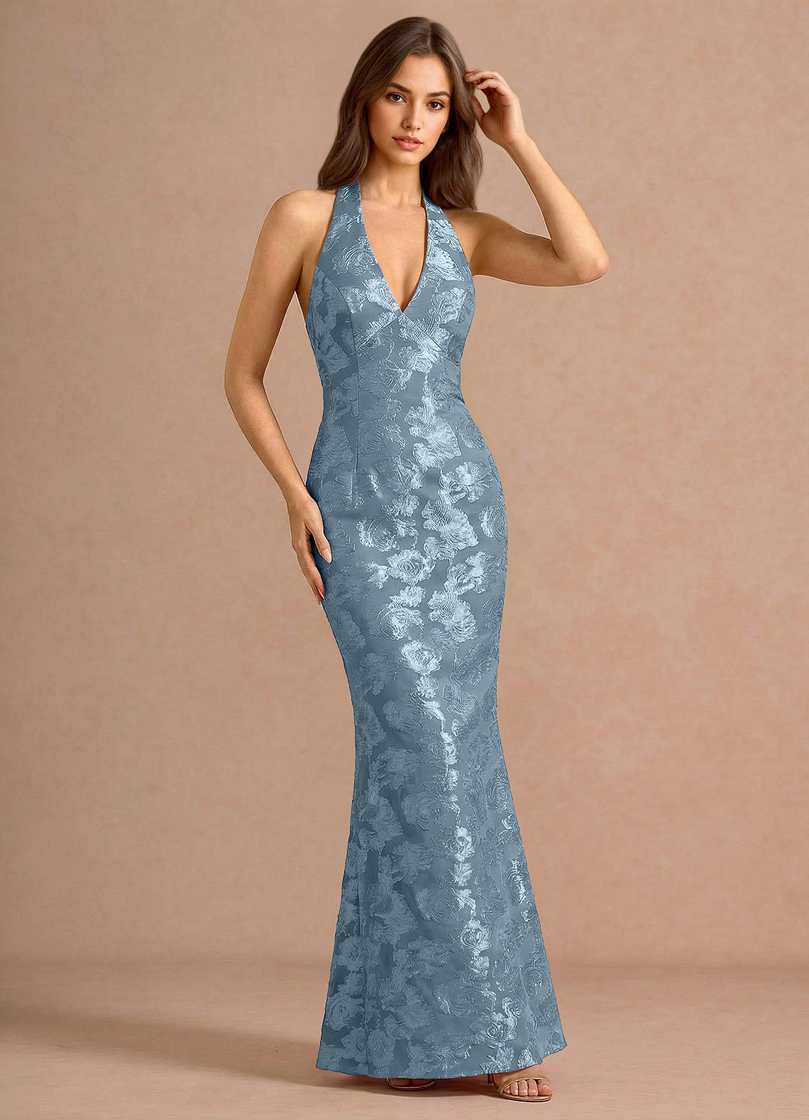 Valerie V-Neck Open-Back Fil Coupé Evening Dress in Dusty Blue