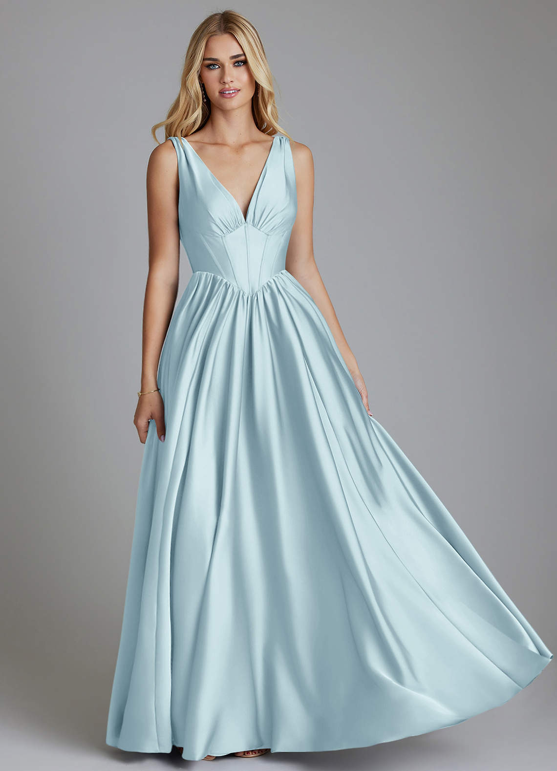 Delmie A-Line V-Neck Stretch Satin Bridesmaid Dress in Cloud Blue