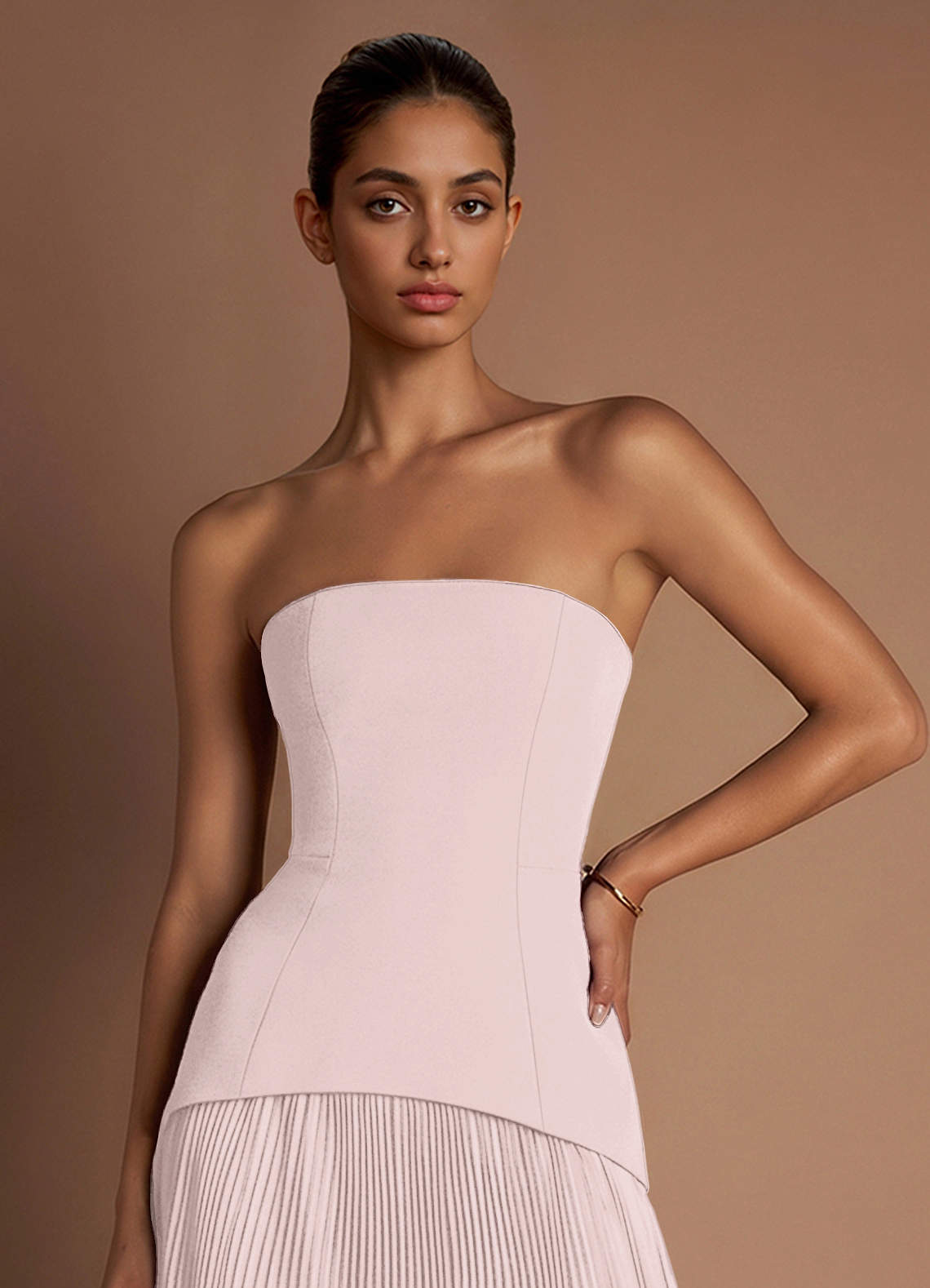 Marnie A-Line Corset Crepe Chiffon Evening Dress in Blushing Pink