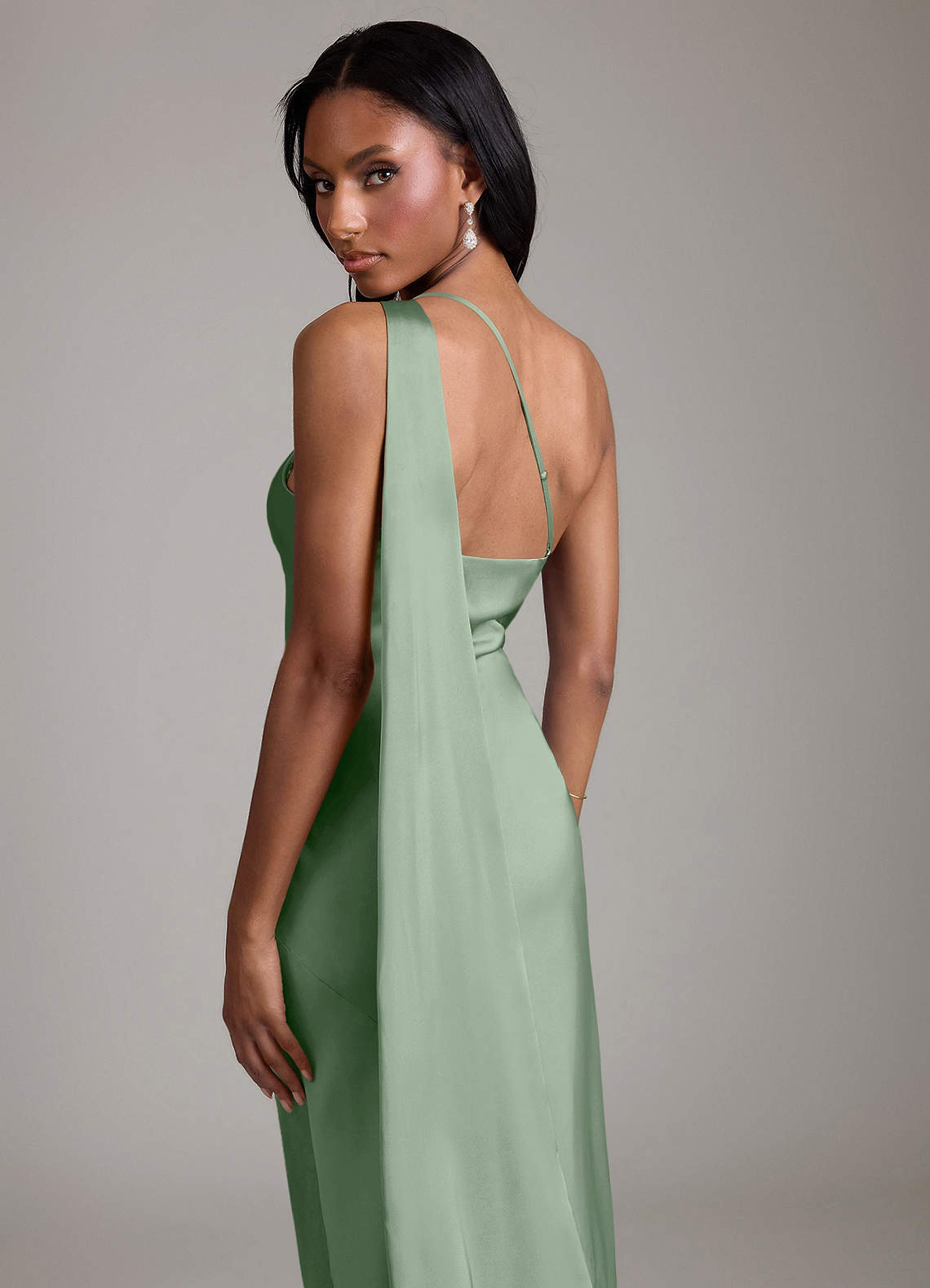Juniper Mermaid One-Shoulder Stretch Satin Bridesmaid Dress in Matcha