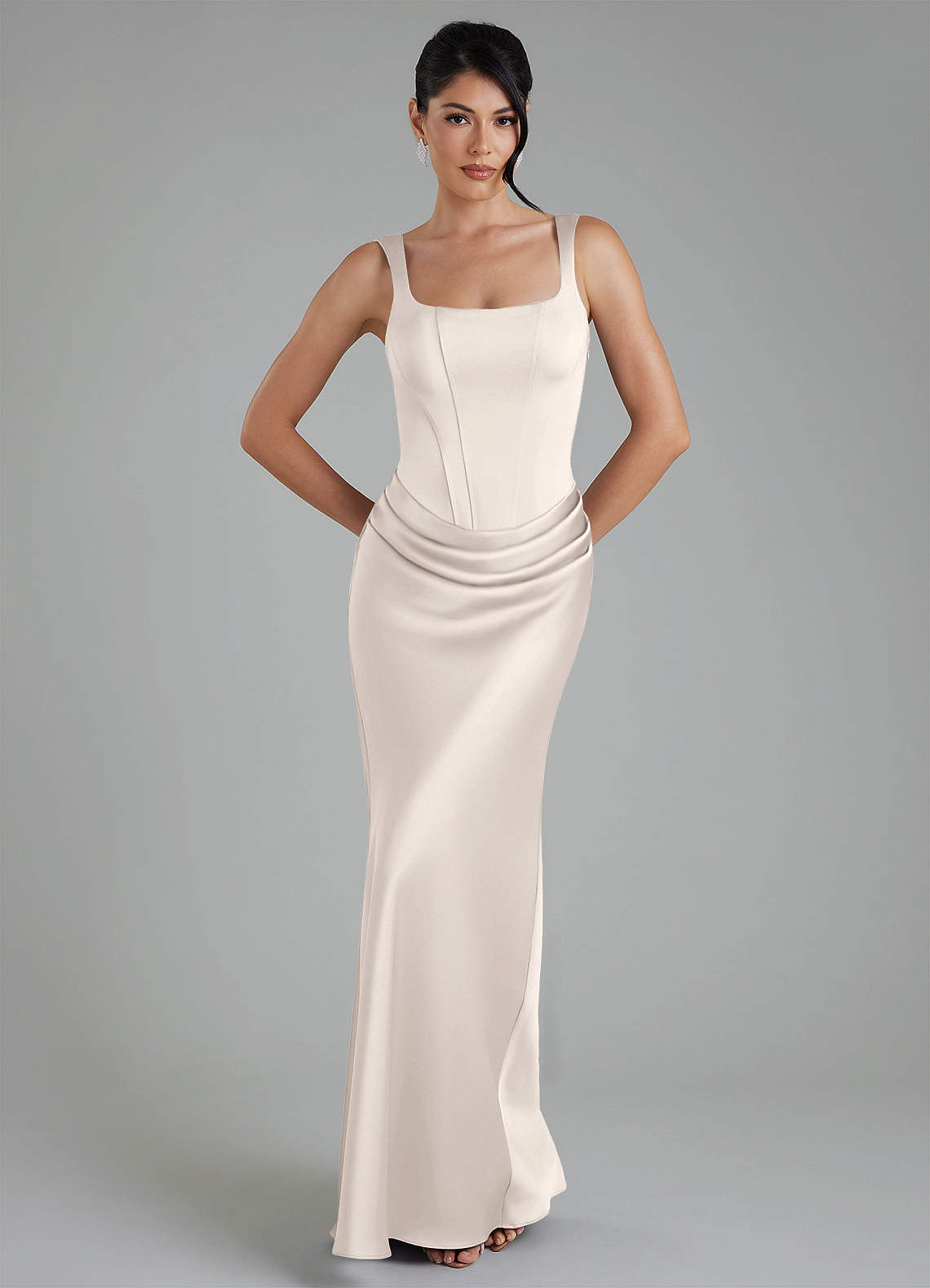 Etta Mermaid Square-Neck Stretch Satin Bridesmaid Dress in White Alabaster