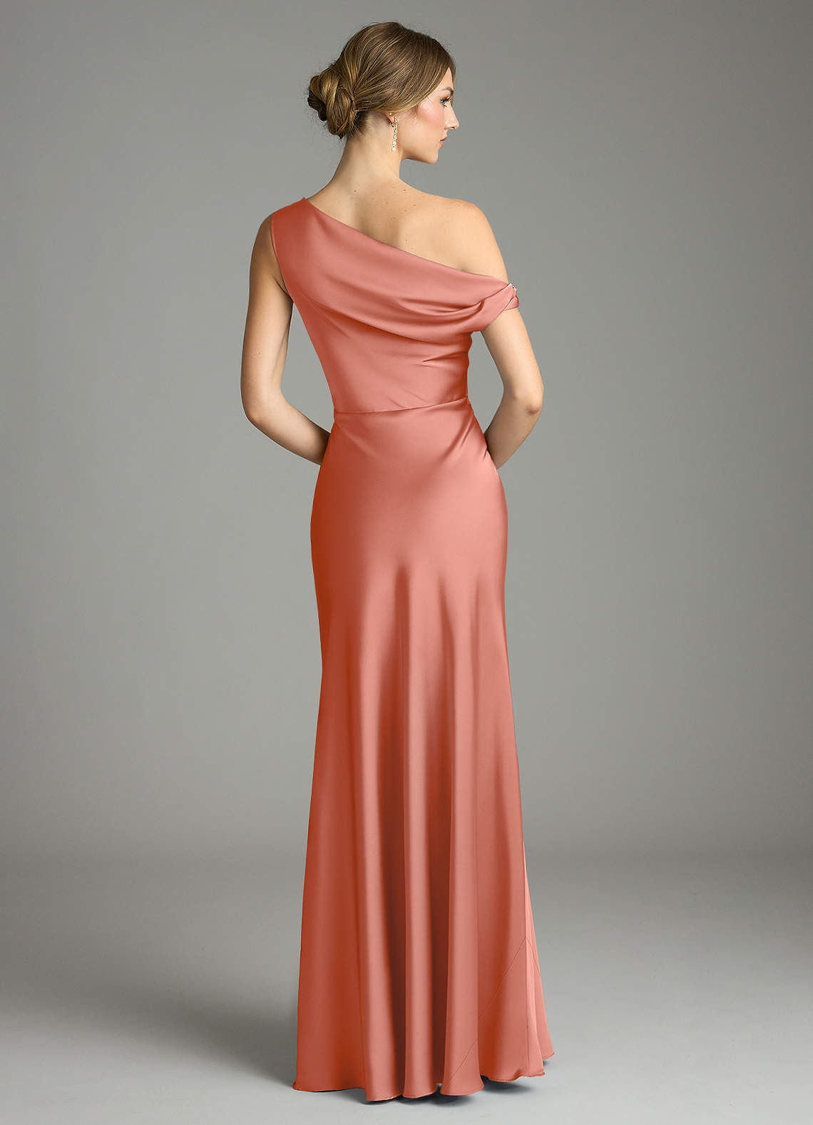 Emerson Mermaid One-Shoulder Stretch Satin Bridesmaid Dress in Salmon Pink