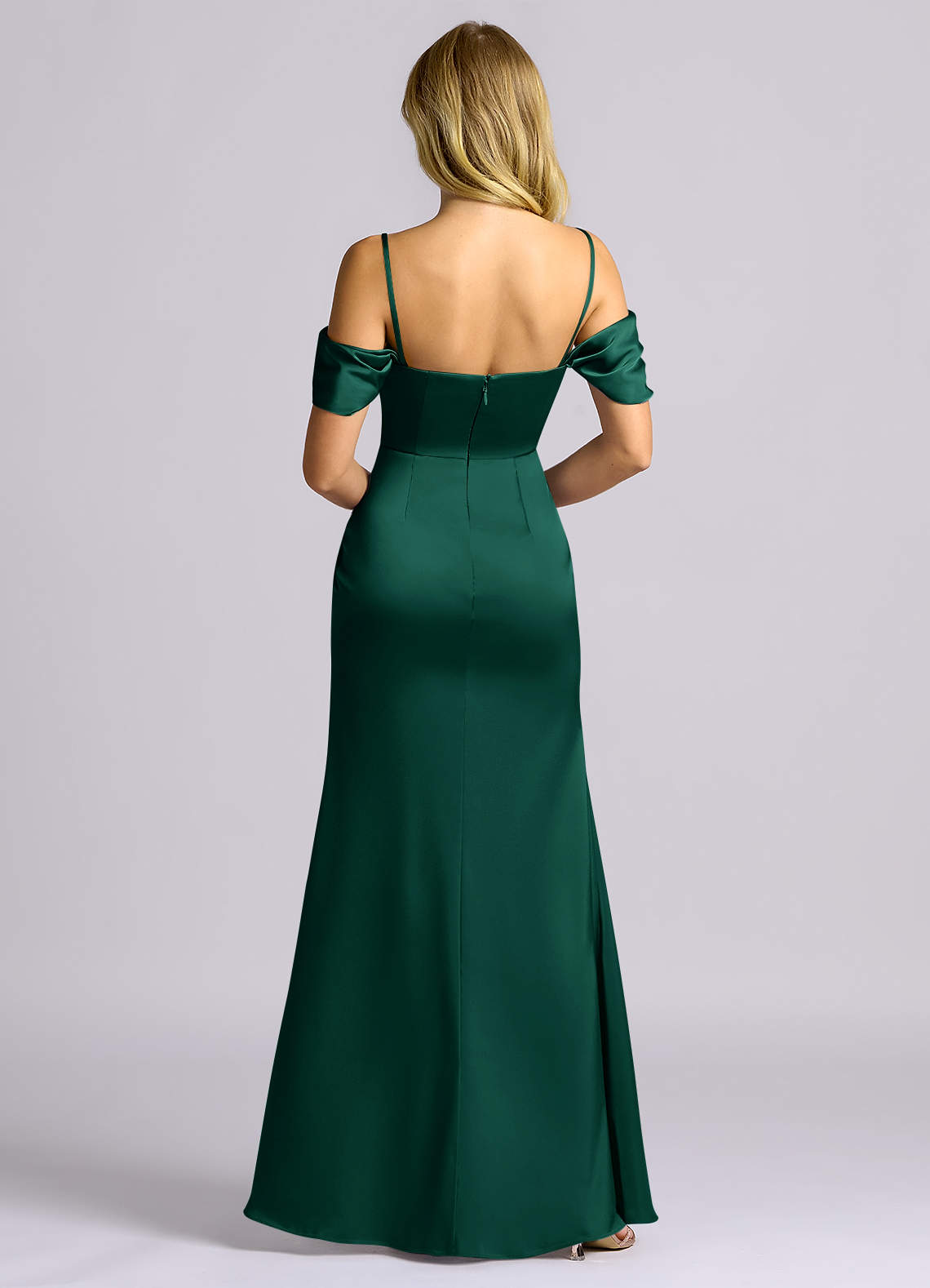 Auden Sheath Off-the-Shoulder Stretch Satin Bridesmaid Dress in Emerald
