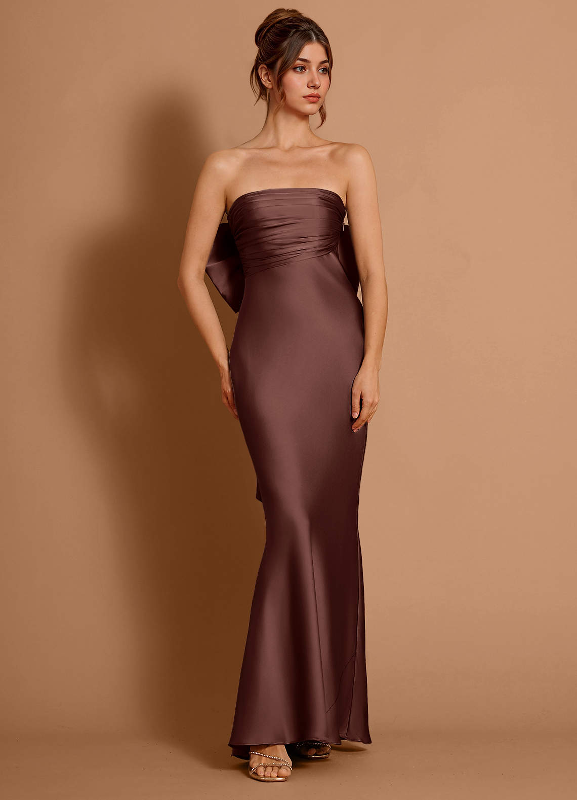 Aveline Mermaid Strapless Stretch Satin Evening Dress in Mocha Coco