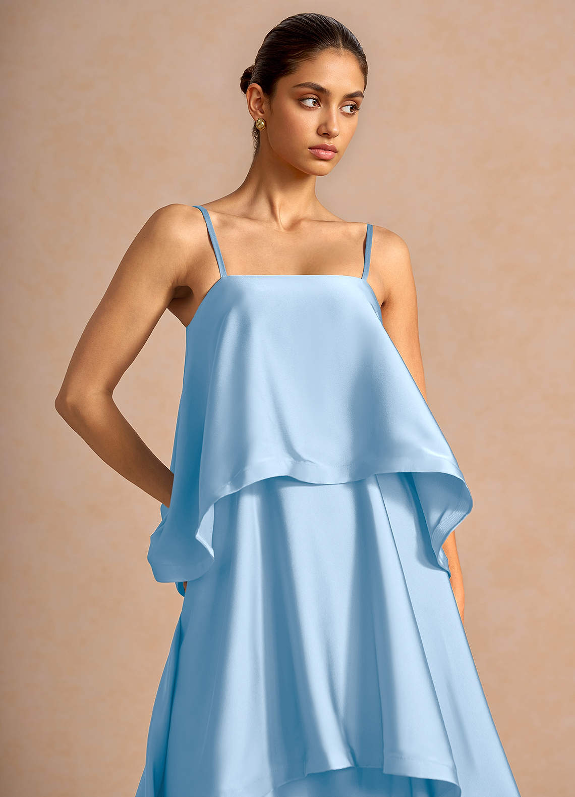 Itasca A-Line Tiered Stretch Satin Wedding Guest Dress in Haze blue