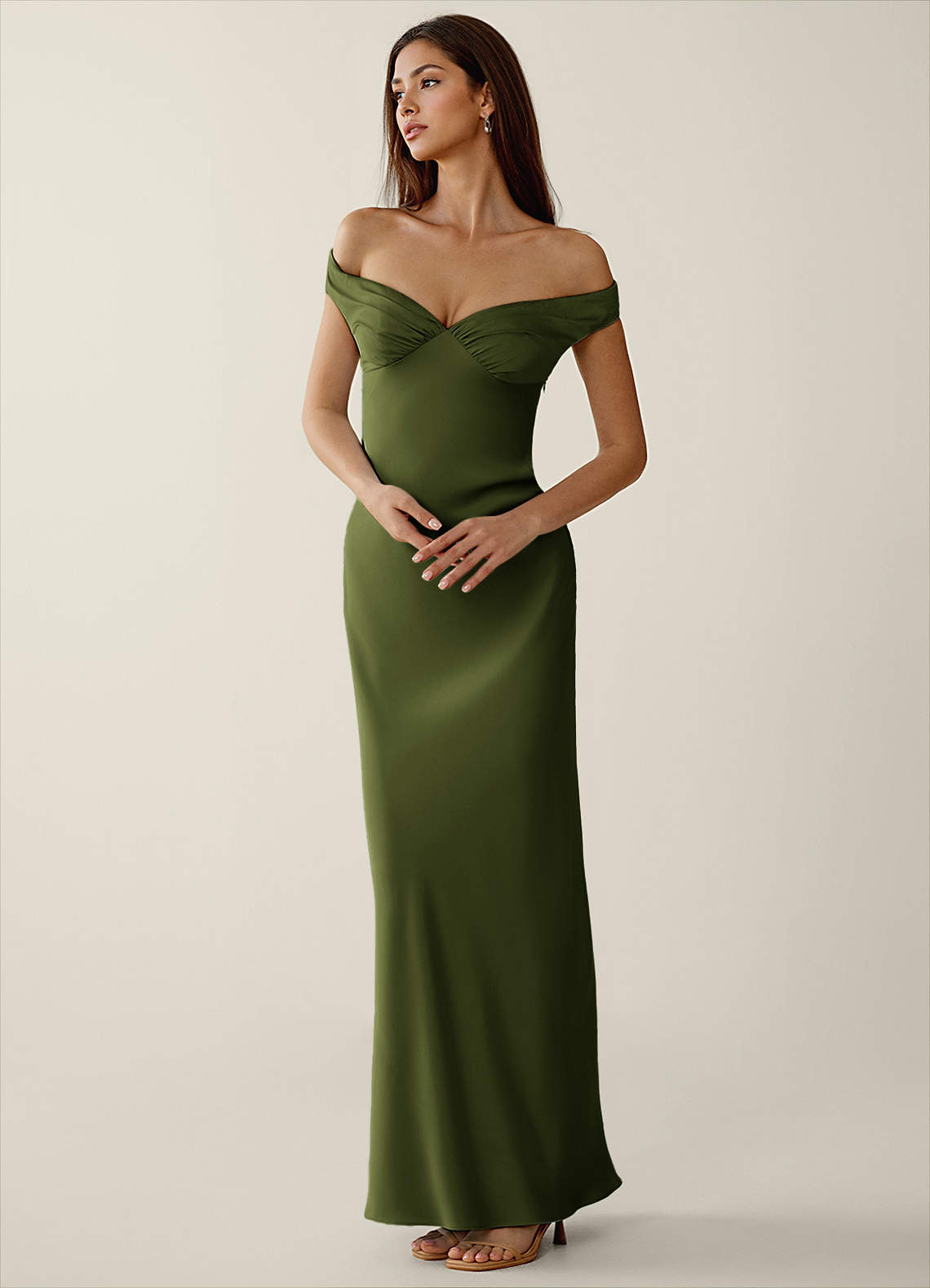 Gwendonme Sheath Off-the-Shoulder Satin Crystal Linen Evening Dress in Pistachio