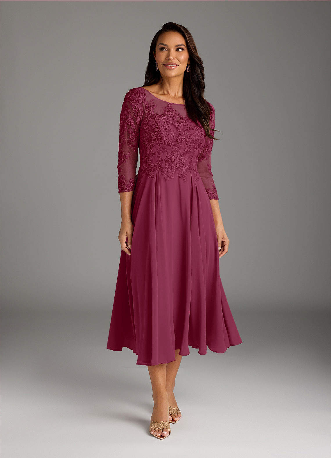 Marge A-Line Scoop-Neck Chiffon and Lace Mother of the Bride Dress in Mulberry