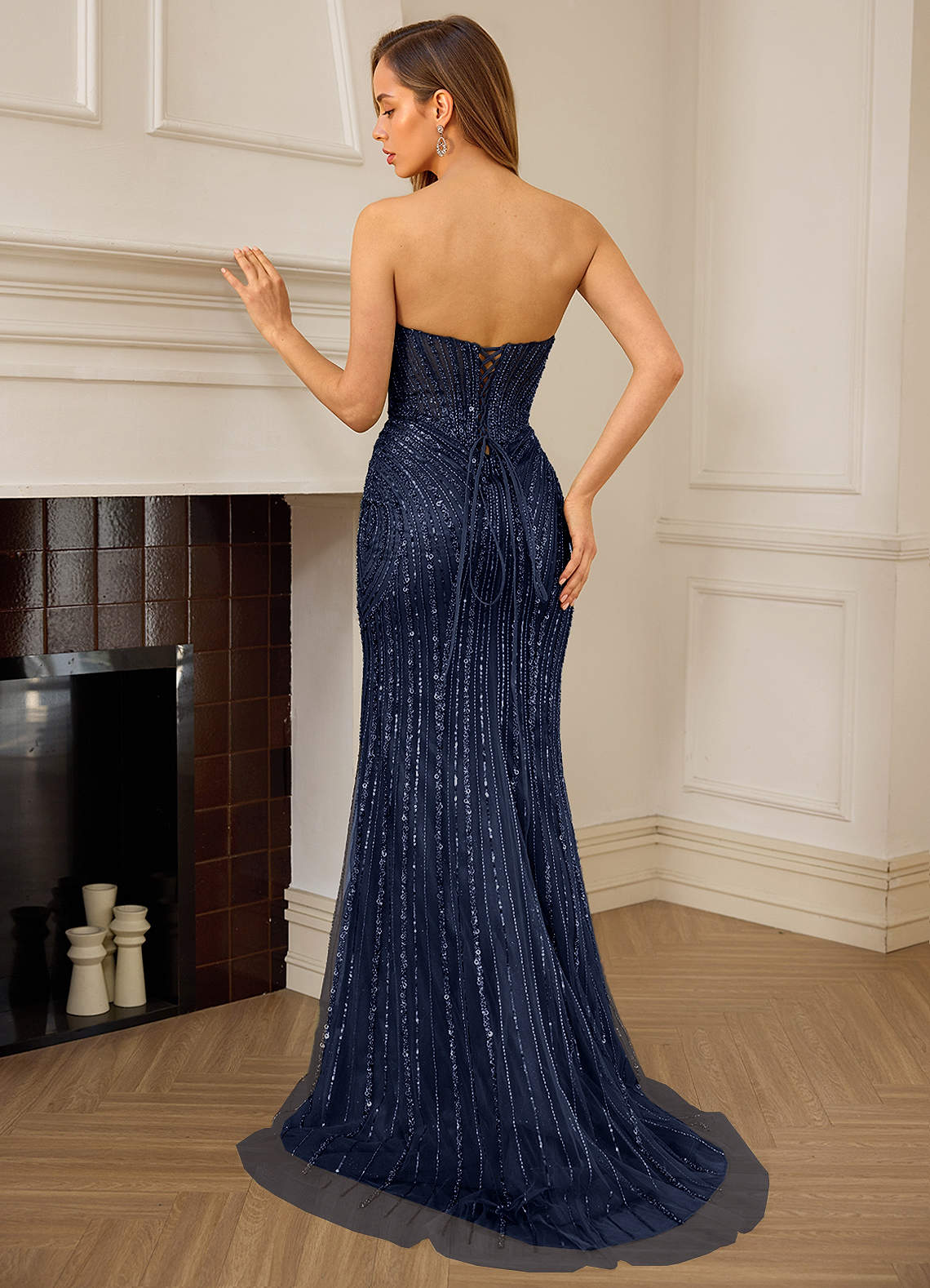 Katheron Mermaid Sweetheart Beaded Tulle Evening Dress in Navy