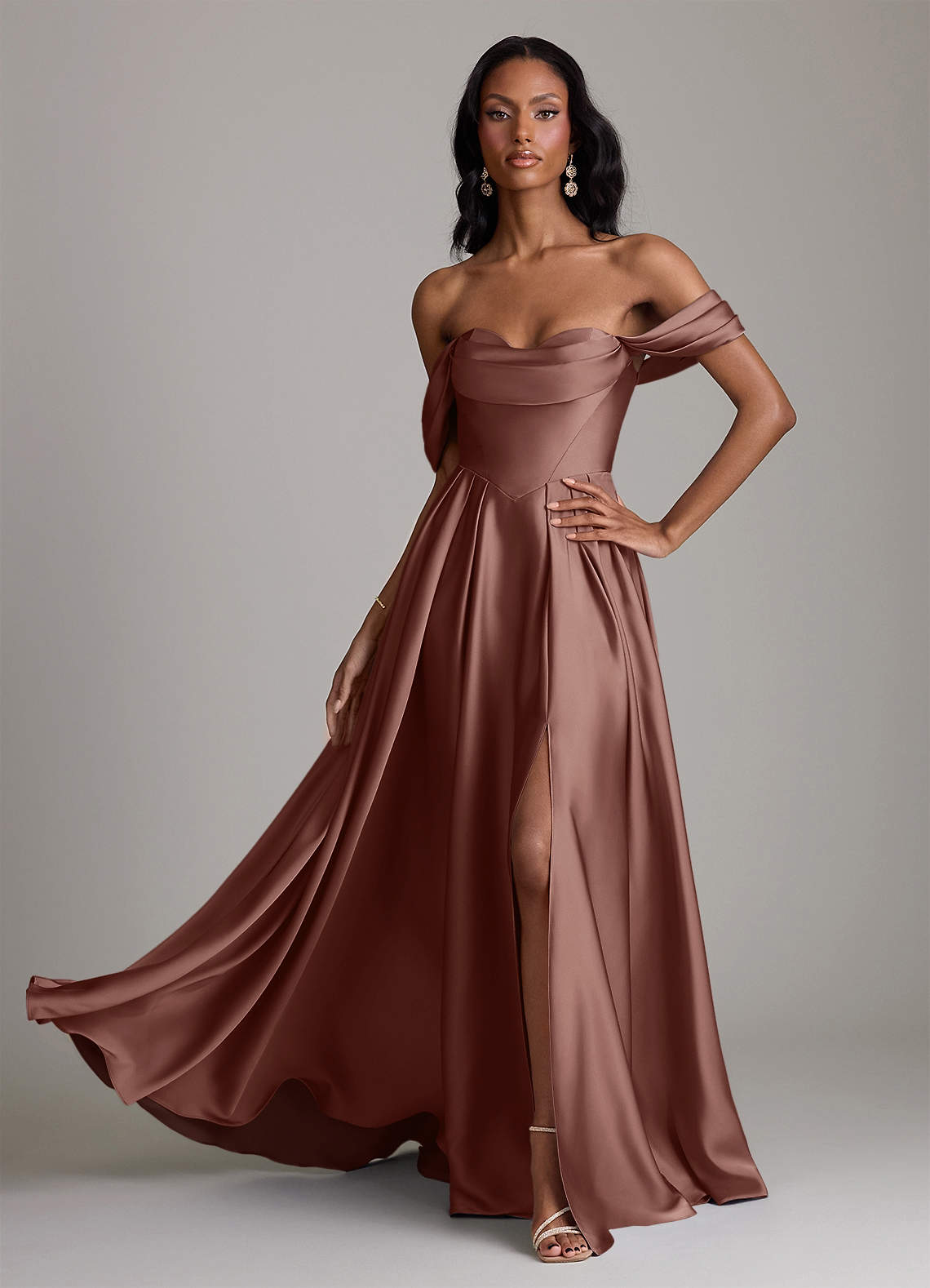 Loisa A-Line Off-the-Shoulder Stretch Satin Bridesmaid Dress in Espresso