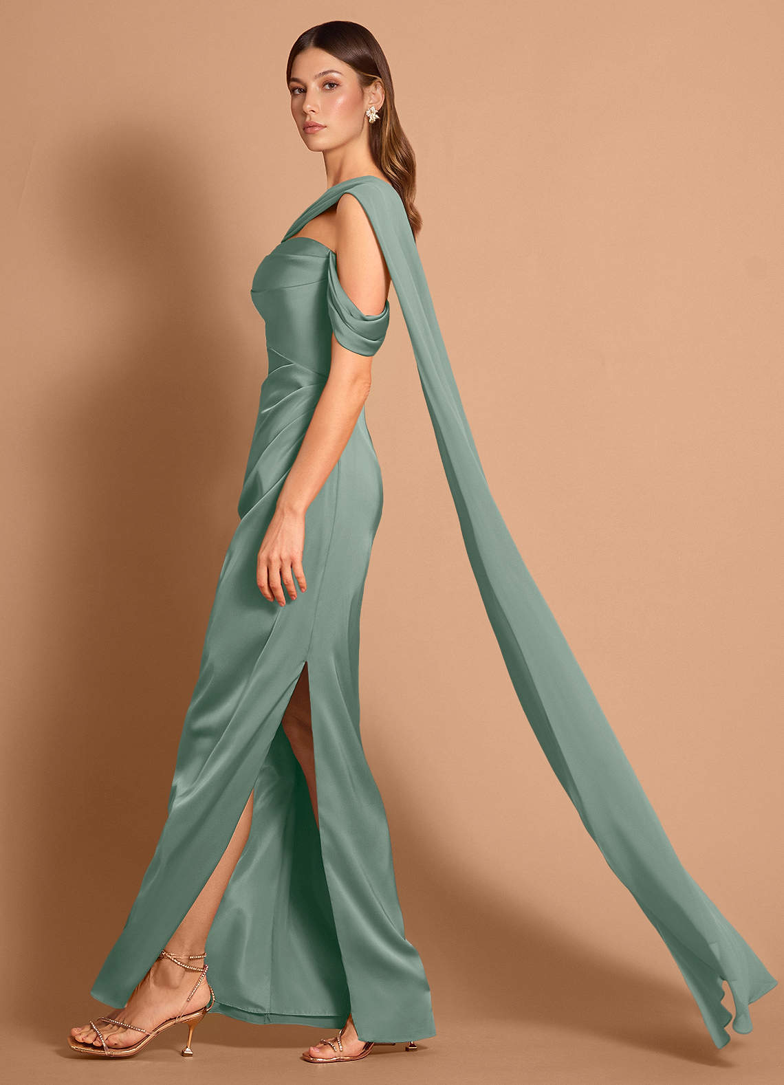 Meliora Asymmetric Strapless Chiffon-Drape Stretch Satin Evening Dress in Vintage Sage