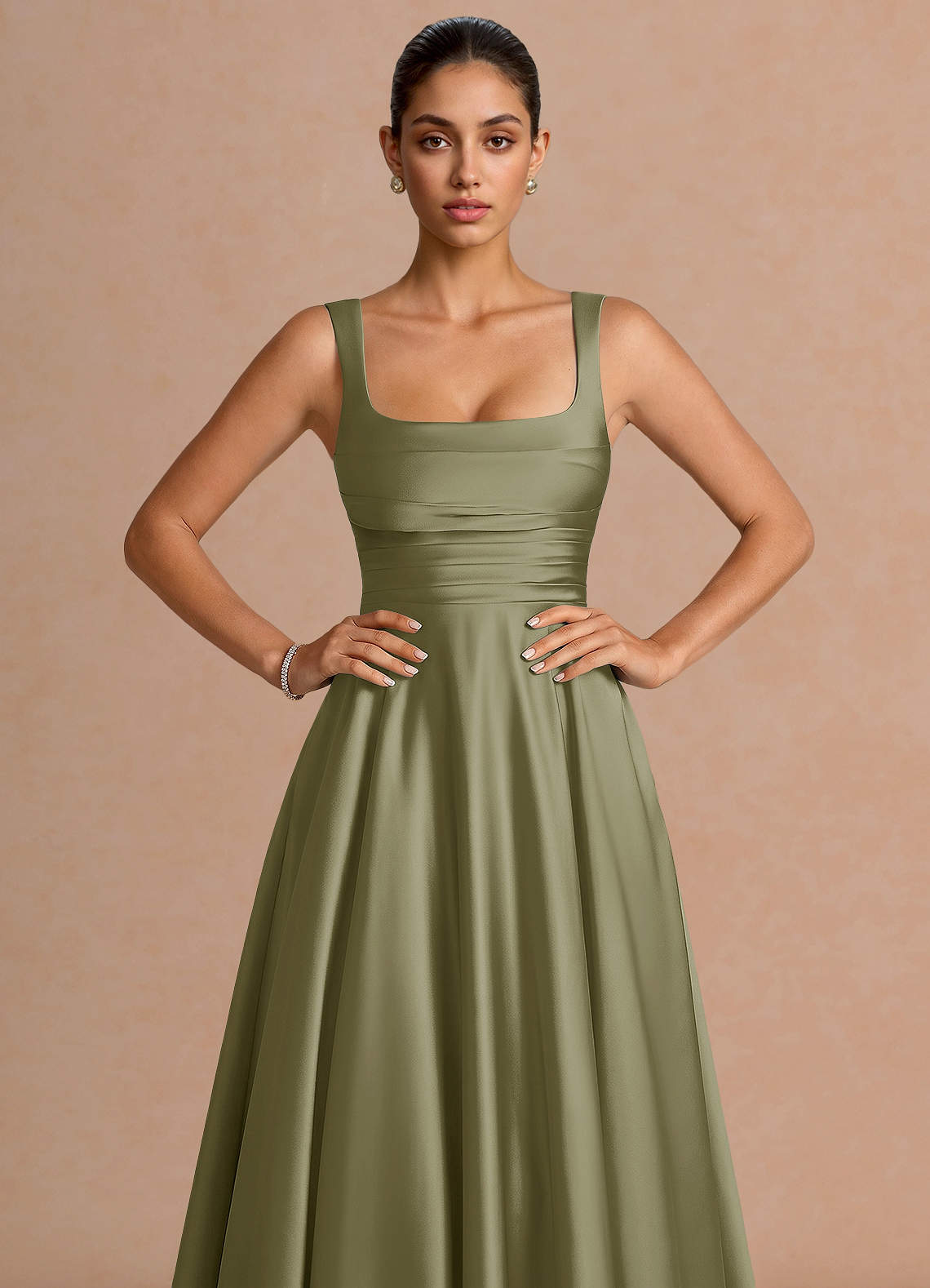 Azaria A-Line Square-Neck Stretch Satin Wedding Guest Dress in Pistachio