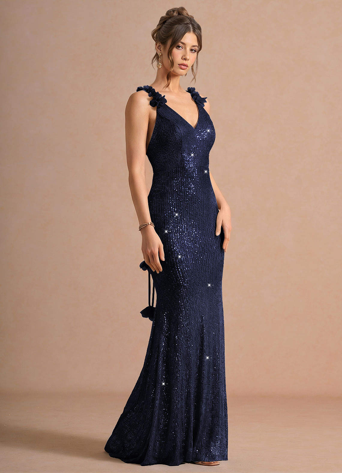 Selara Open-Back Floral Sequin Chiffon Evening Dress in Twilight Blue