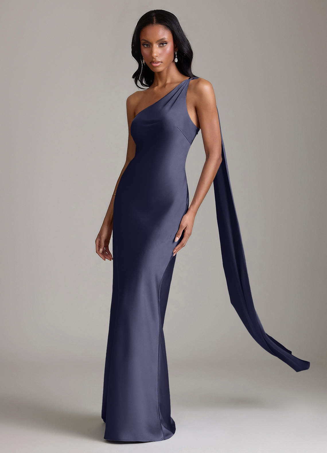Juniper Mermaid One-Shoulder Stretch Satin Bridesmaid Dress in Stormy