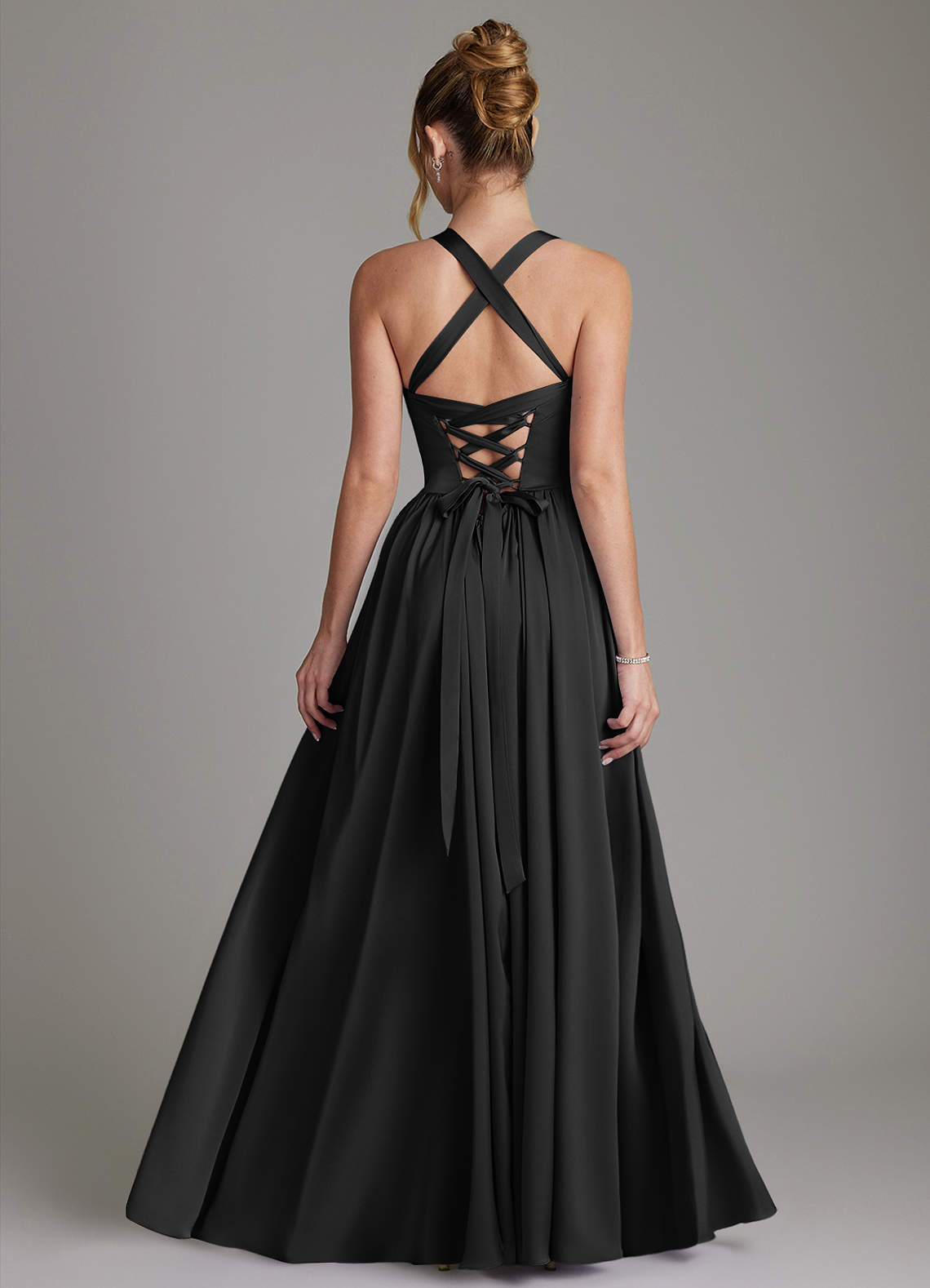 Francis A-Line V-Neck Stretch Satin Bridesmaid Dress in black