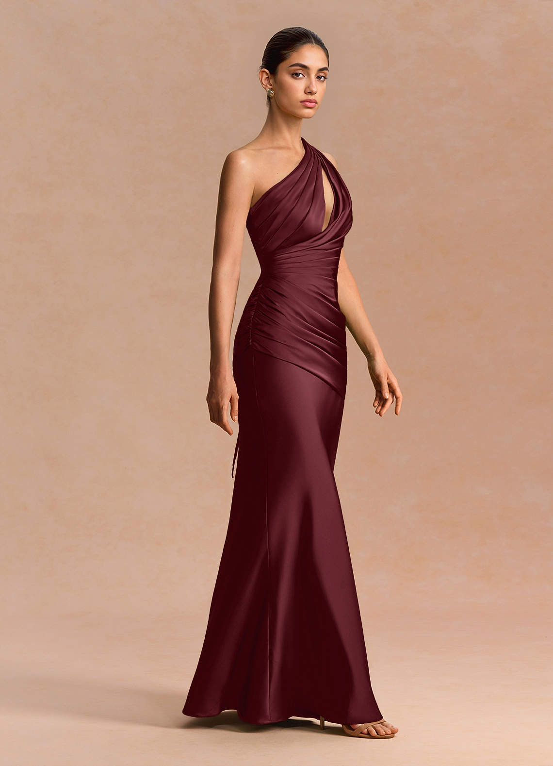 Guinevere One-Shoulder Cutout Stretch Satin Evening Dress in Wine