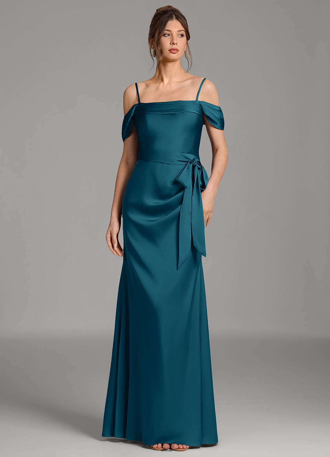 Wyatt Mermaid Off-the-Shoulder Stretch Satin Bridesmaid Dress in Ink Blue