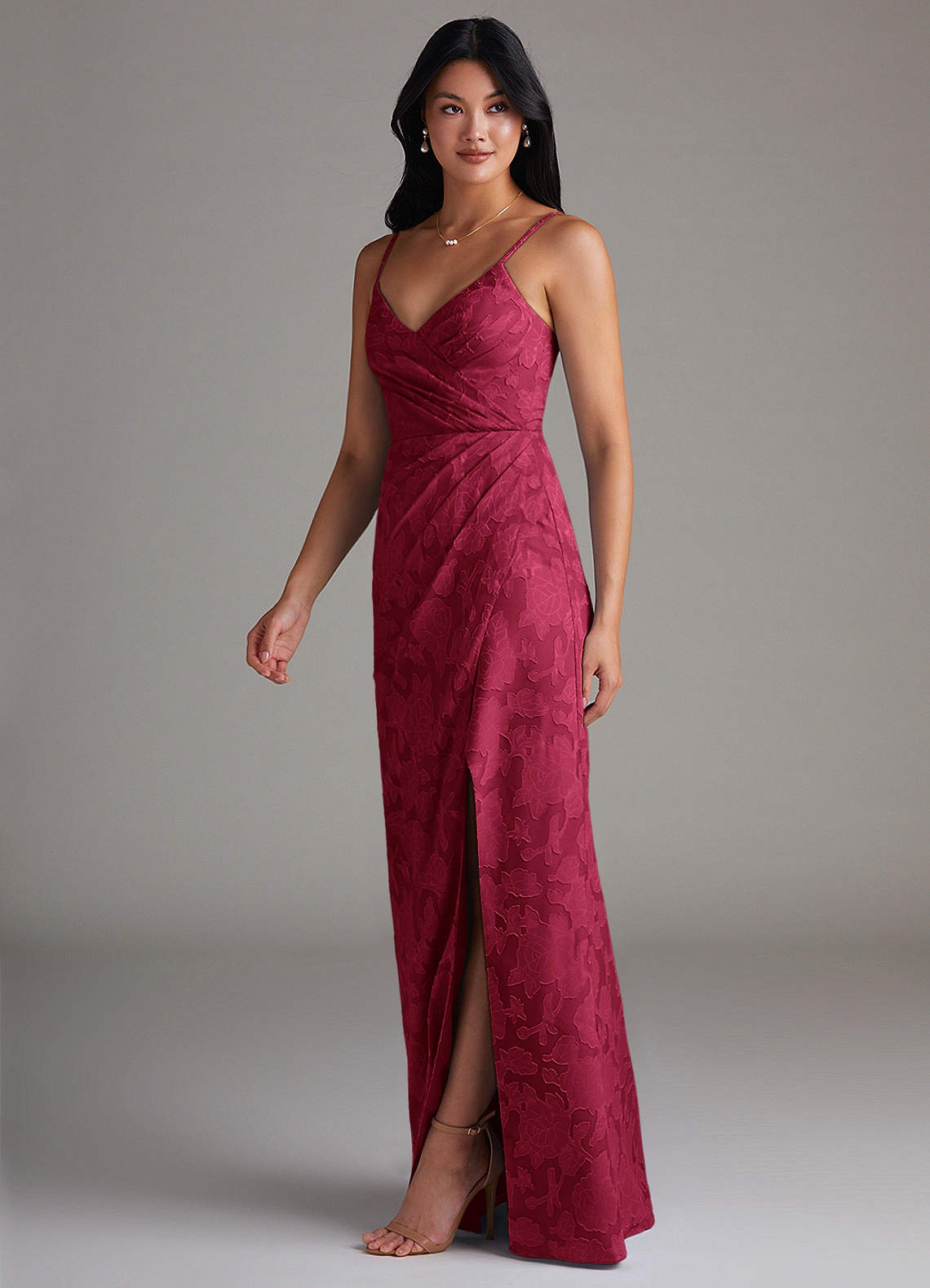 Maci Sheath V-Neck Floral Burnout Bridesmaid Dress in Burgundy