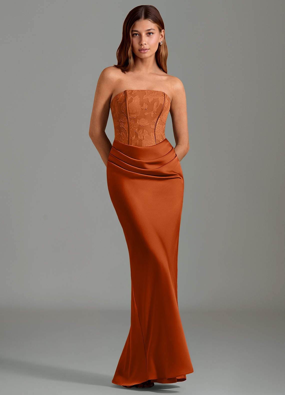 Emilia Mermaid Strapless Stretch Satin and Floral Burnout Bridesmaid Dress in Burnt Orange