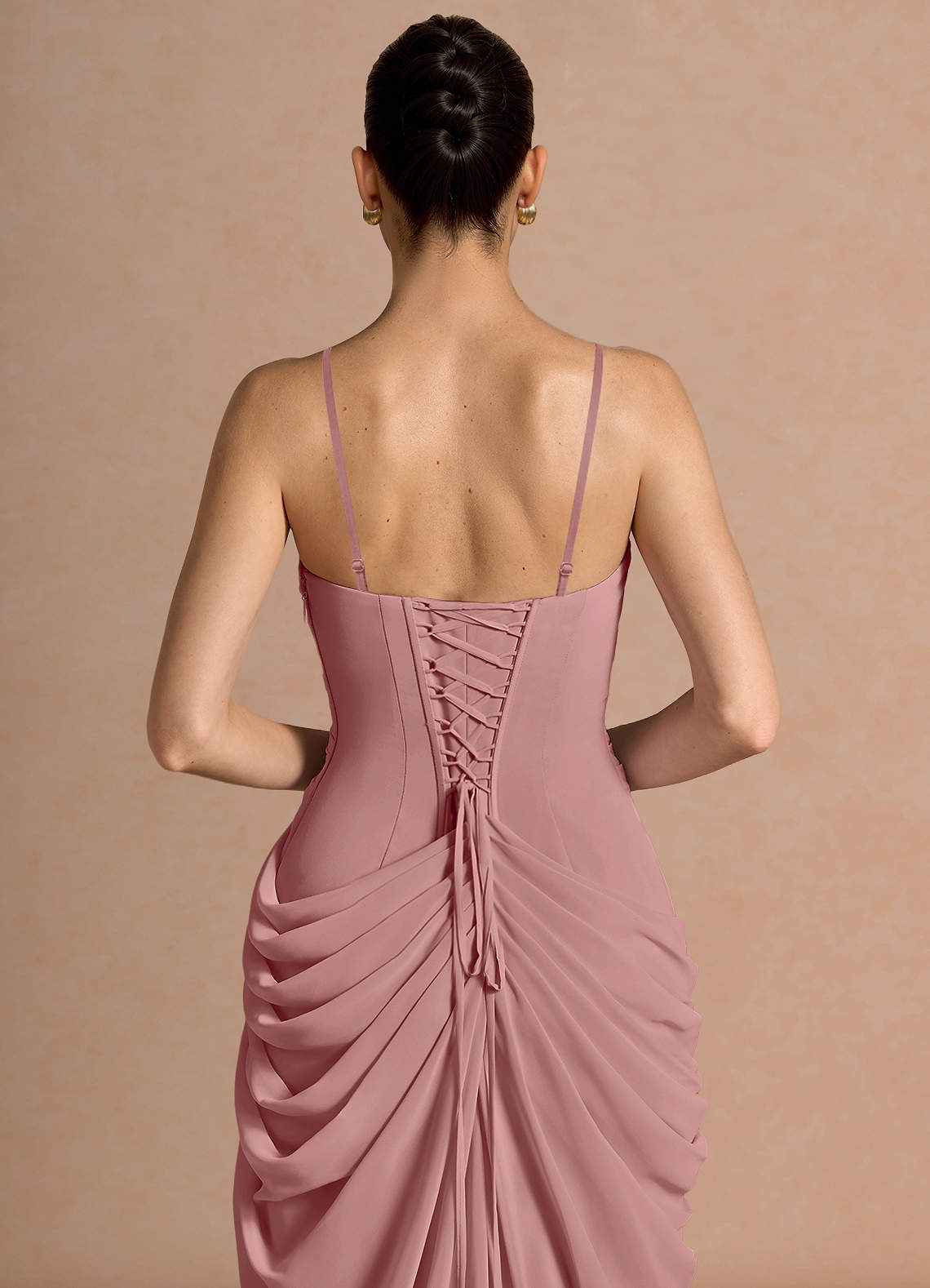 Kaavia Column Pleated Chiffon Maxi Evening Dress in Dusty Pink