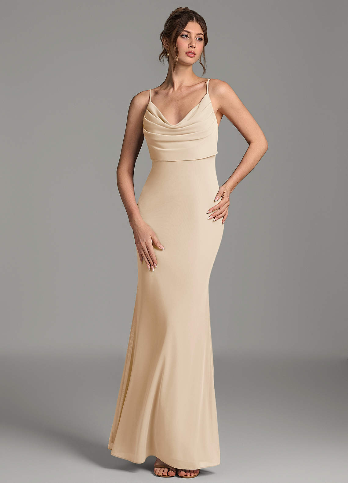 Zari Mermaid Cowl-Neck Mesh Bridesmaid Dress in Champagne